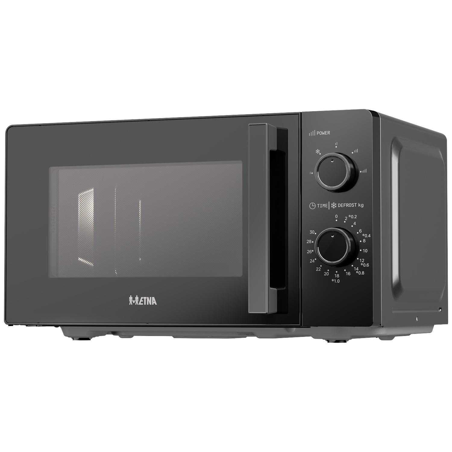 Black microwave with two rotary knobs for power and time on the right side.