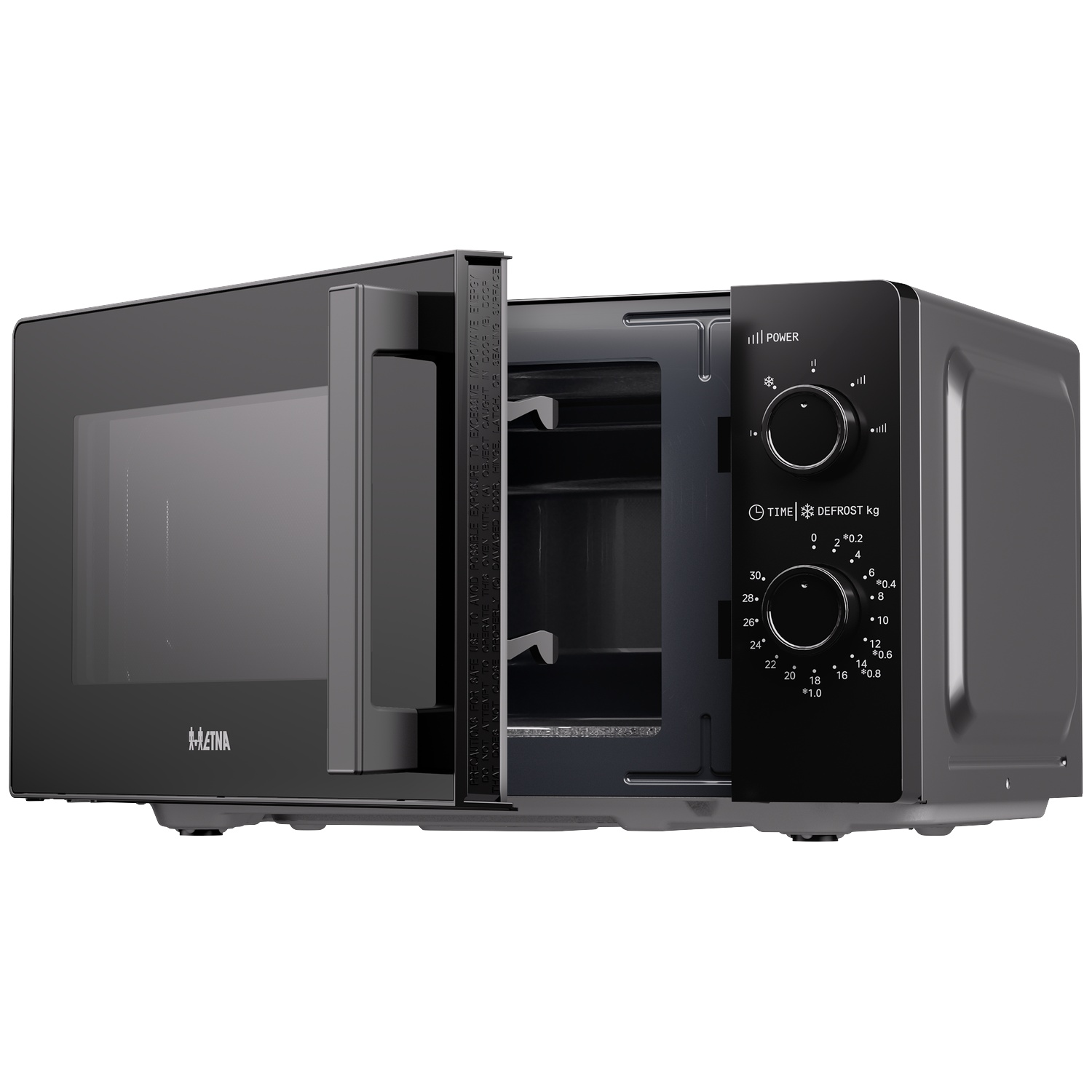 Black microwave with an open door and two control knobs on the right.