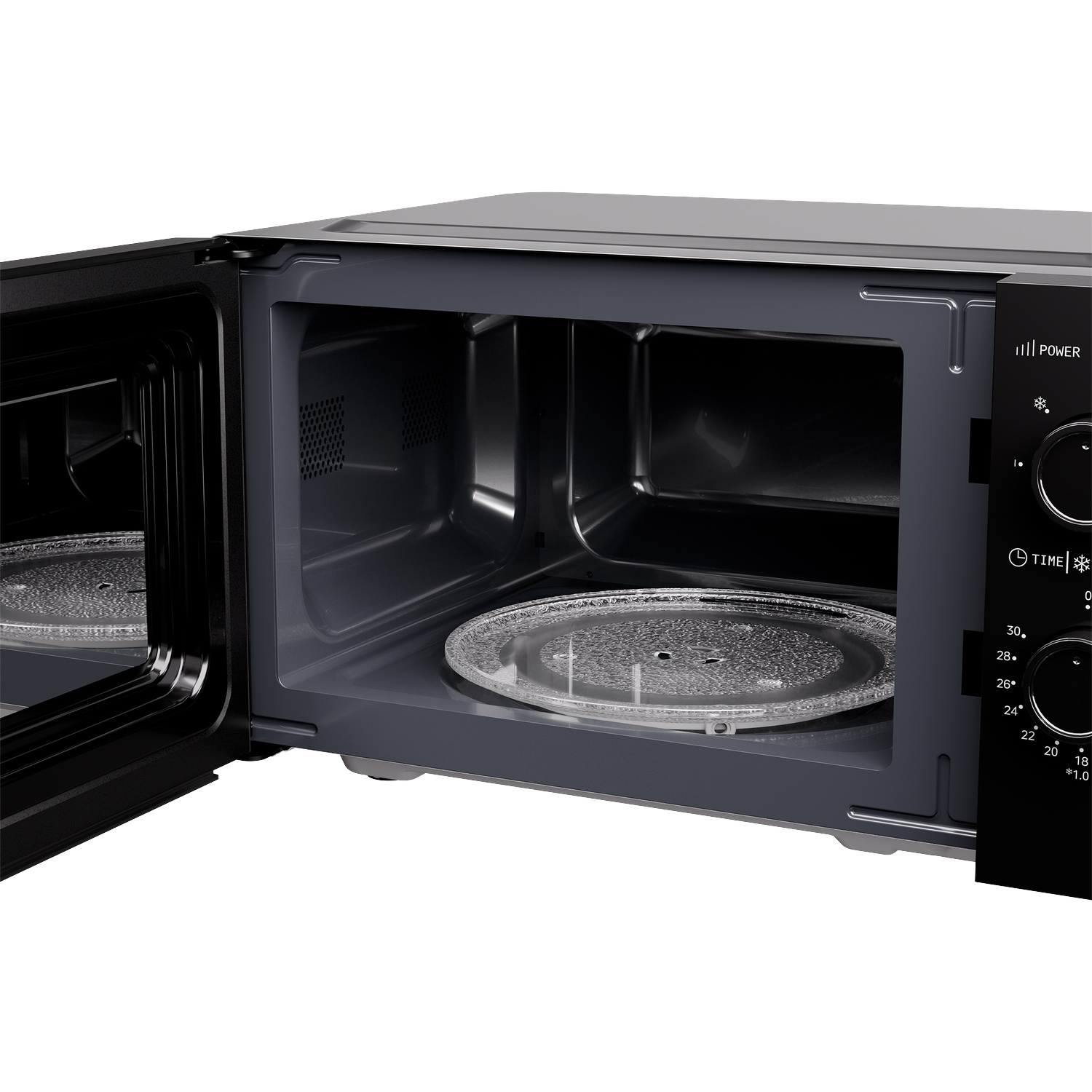 Black microwave with an open door and a glass turntable inside.