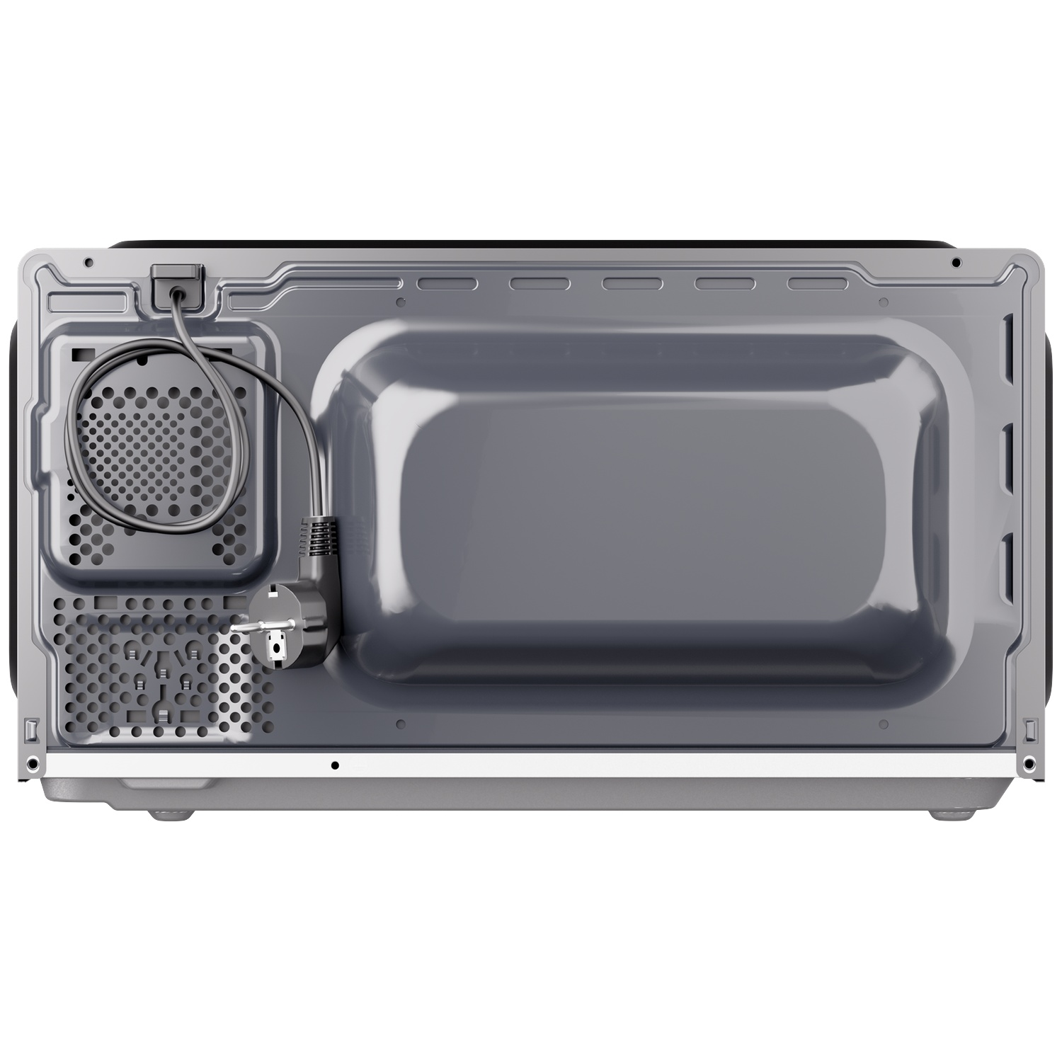 Back view of a grey microwave showing ventilation grilles, an integrated power cord, and a plug on the left side.