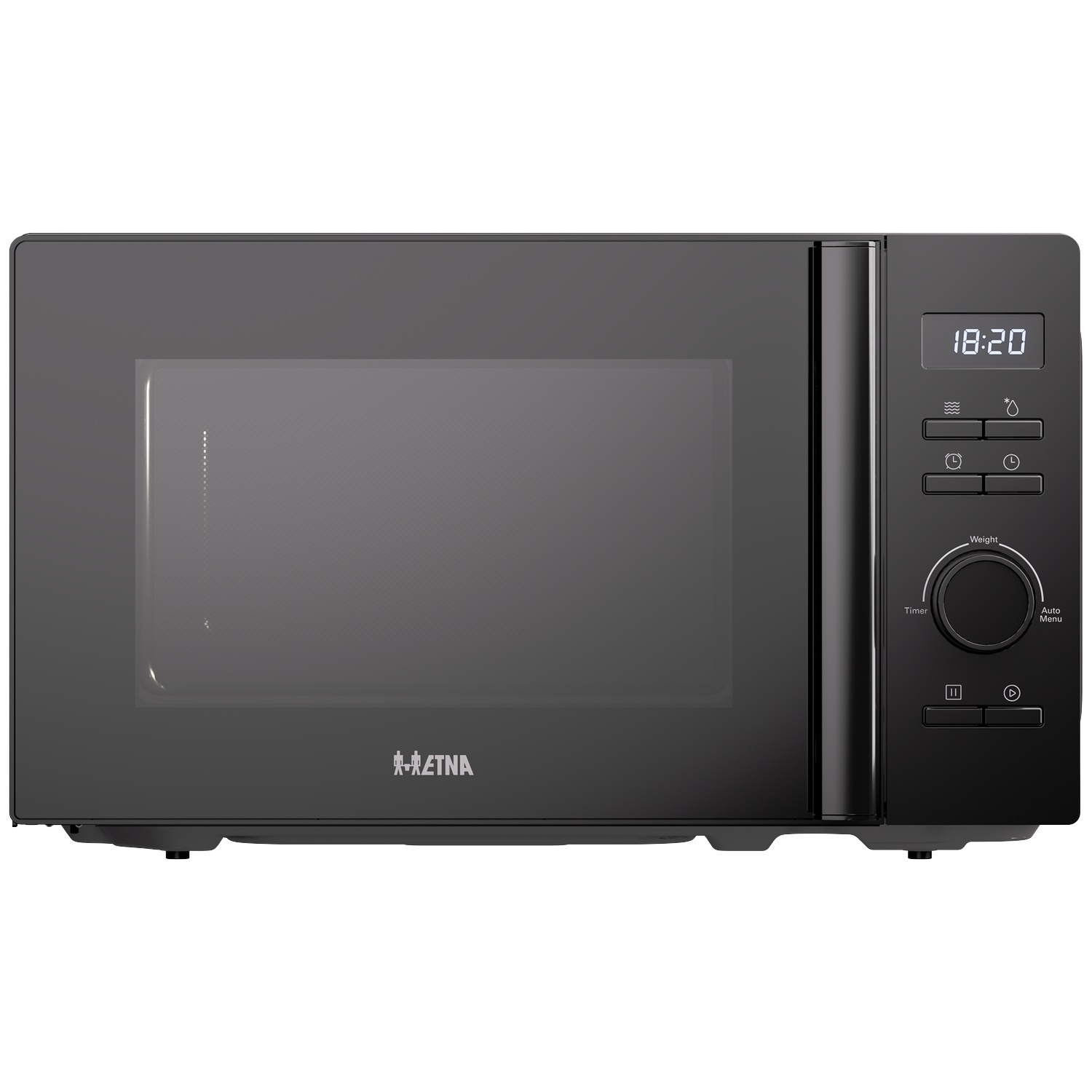 Black microwave with digital display, rotary knob, and right-side control panel.
