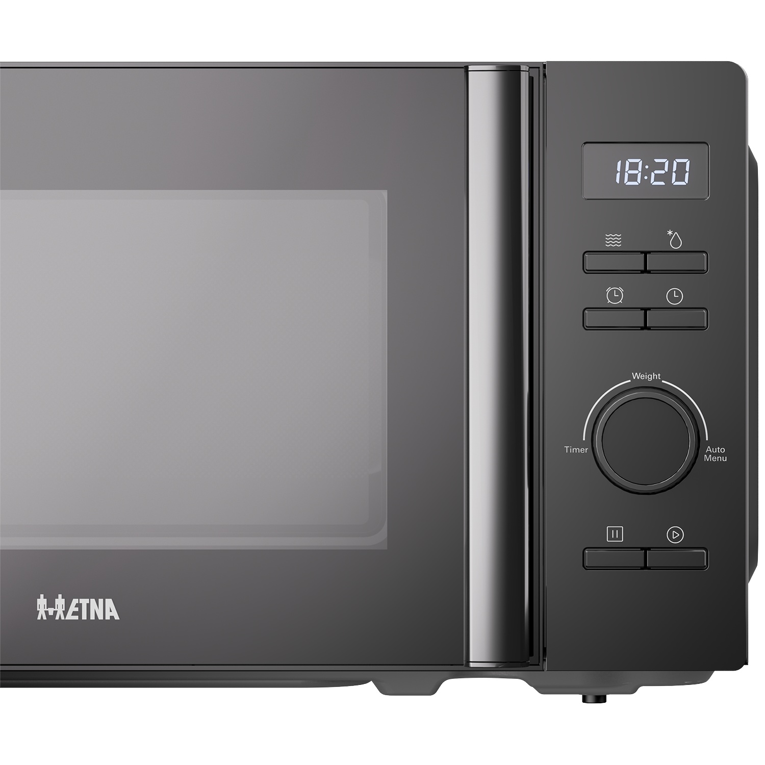 Black microwave with digital display, rotary knob, and silver handle.