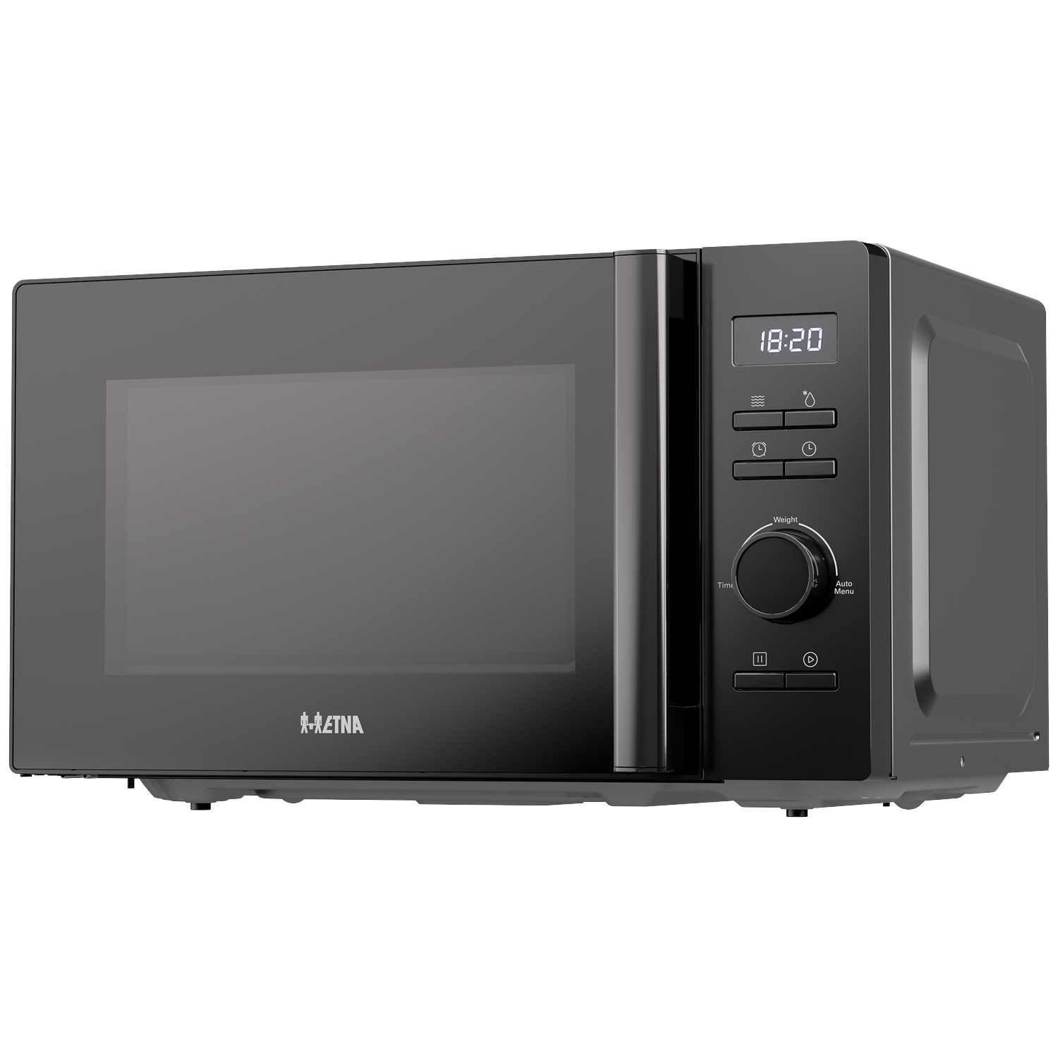 Black microwave with a digital display and rotary dial on a white background.