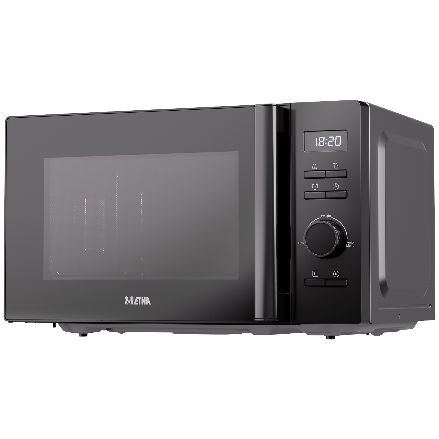 Modern black microwave with digital display, control dial, and vertical handle on a white background.