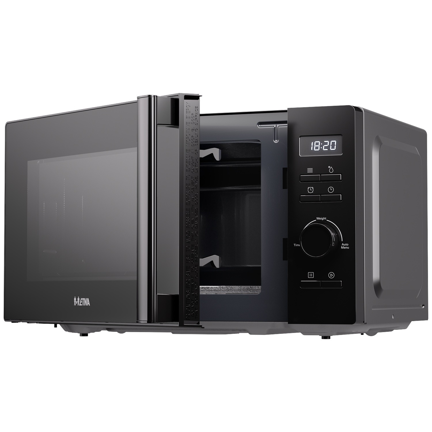 Black microwave with an open door, digital display, control buttons, and a rotary dial.
