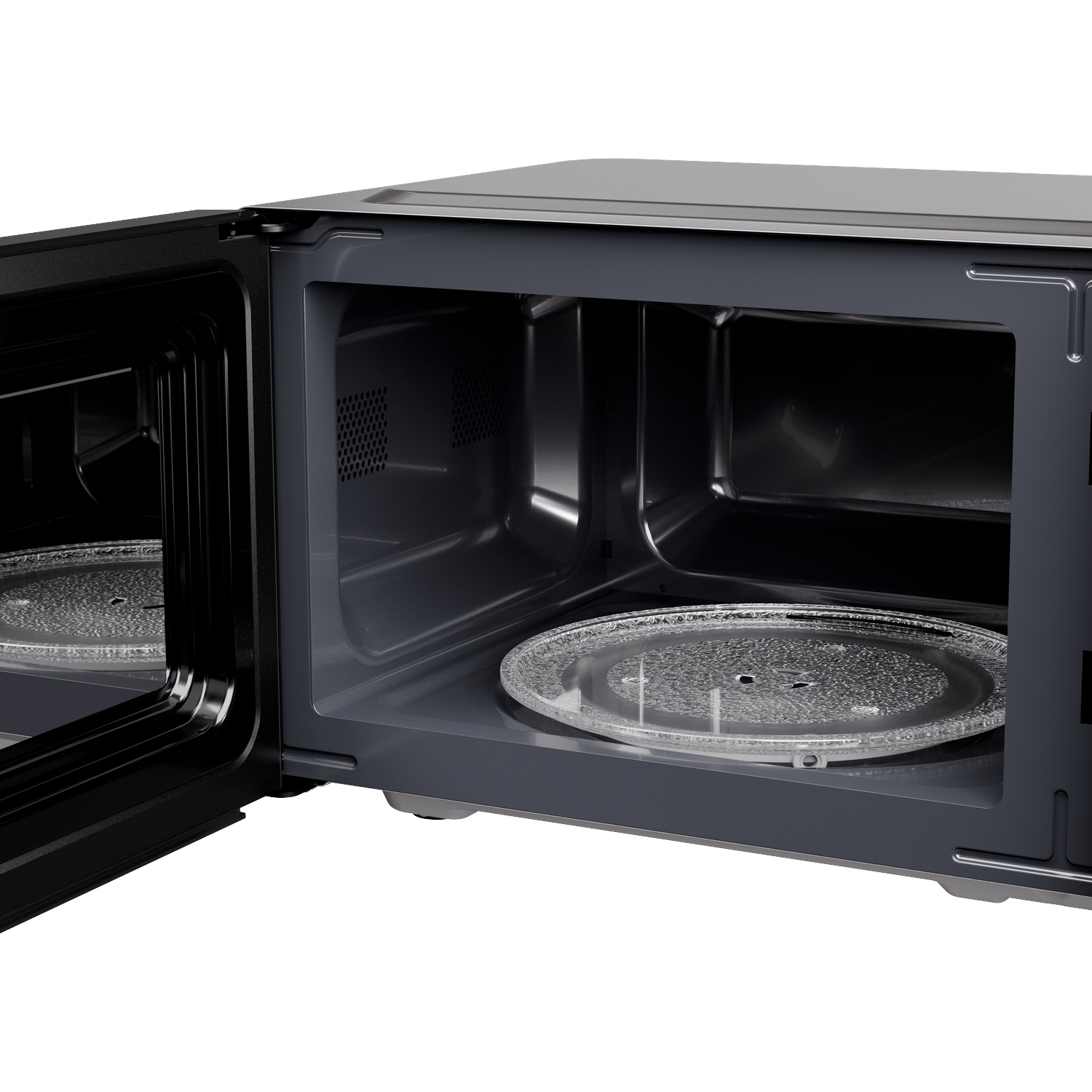 Open grey microwave oven with an empty, clean interior and glass turntable against a white background.