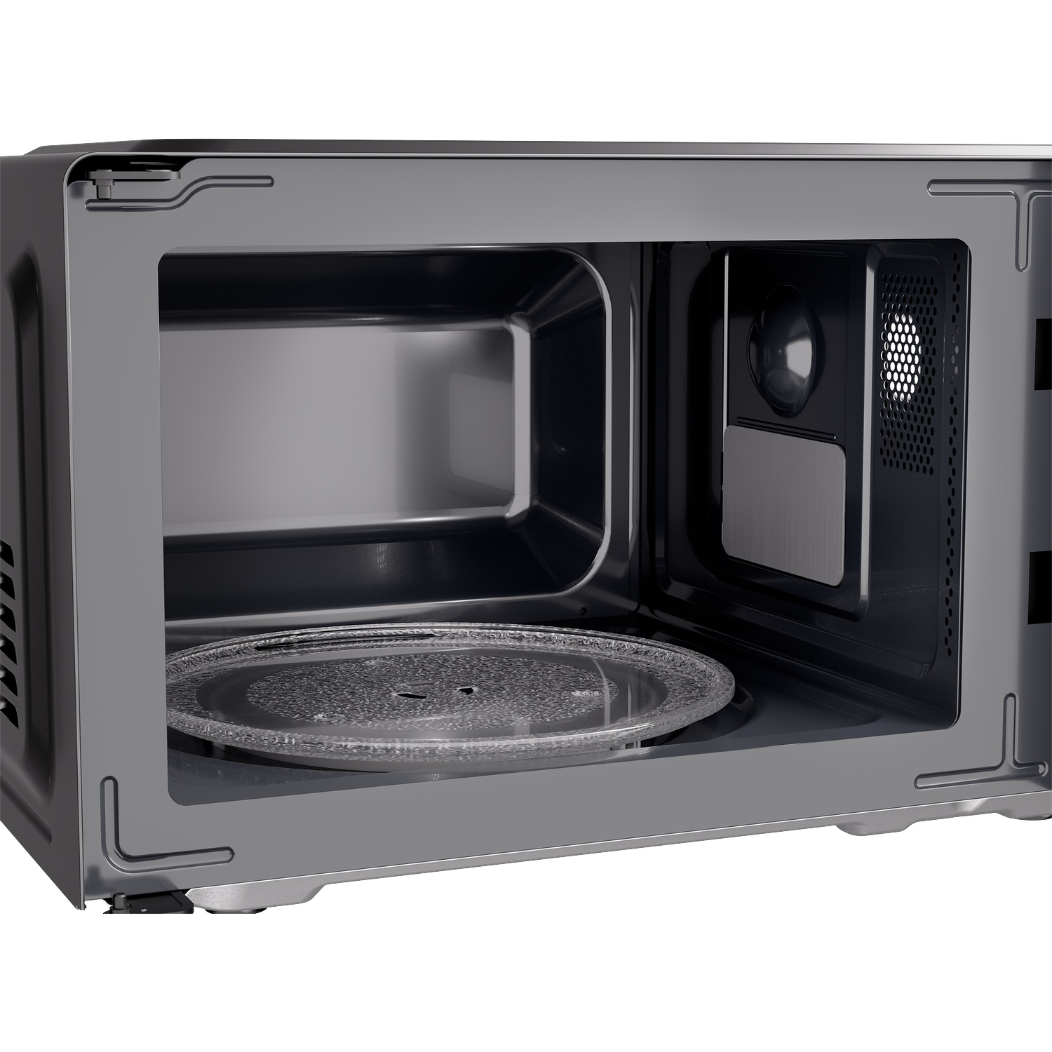 The interior of a grey microwave featuring a glass turntable plate and a light back wall.