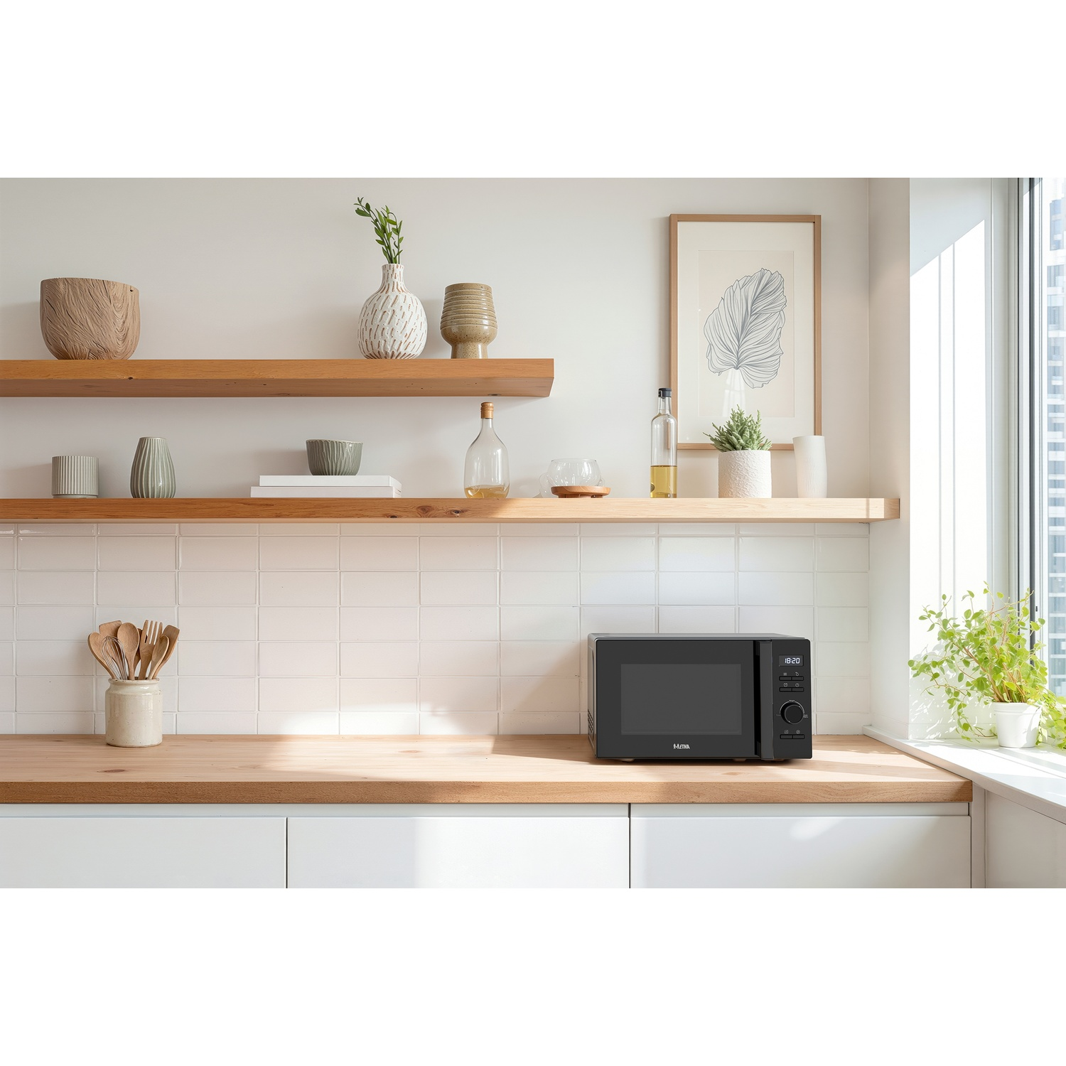 Modern kitchen with wood counters, white tile backsplash, black microwave appliance, and shelves holding decor.
