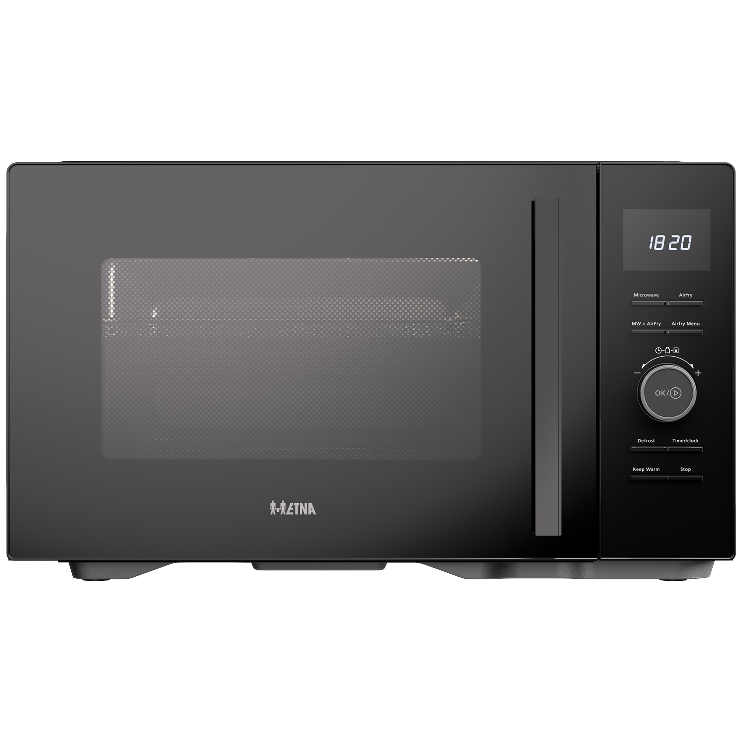 Black microwave with digital display, rotary dial, and vertical handle on a white background.