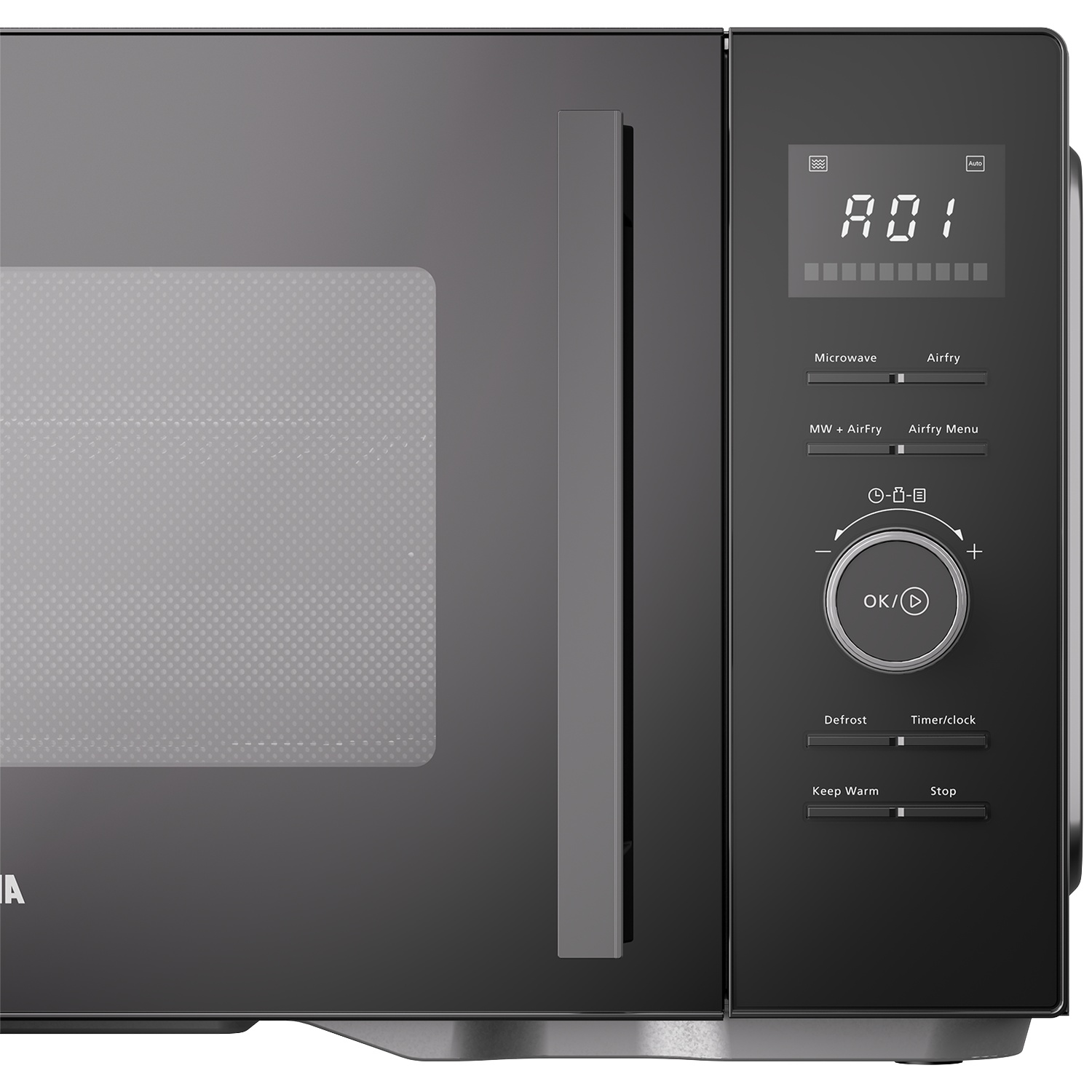 Modern black microwave with a digital display and control panel on the side.