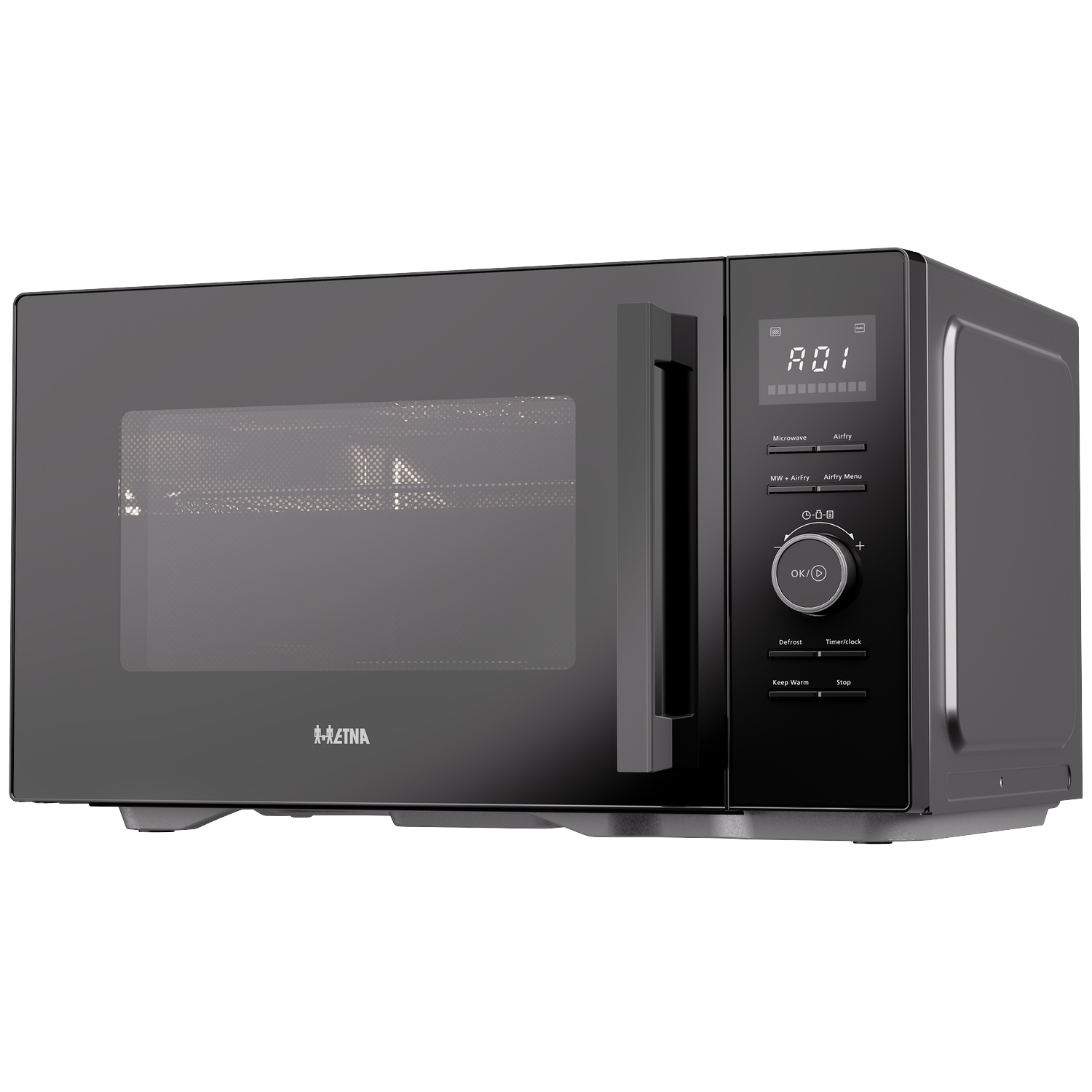 Black microwave with a digital display, rotary knob, and handle on a white background.