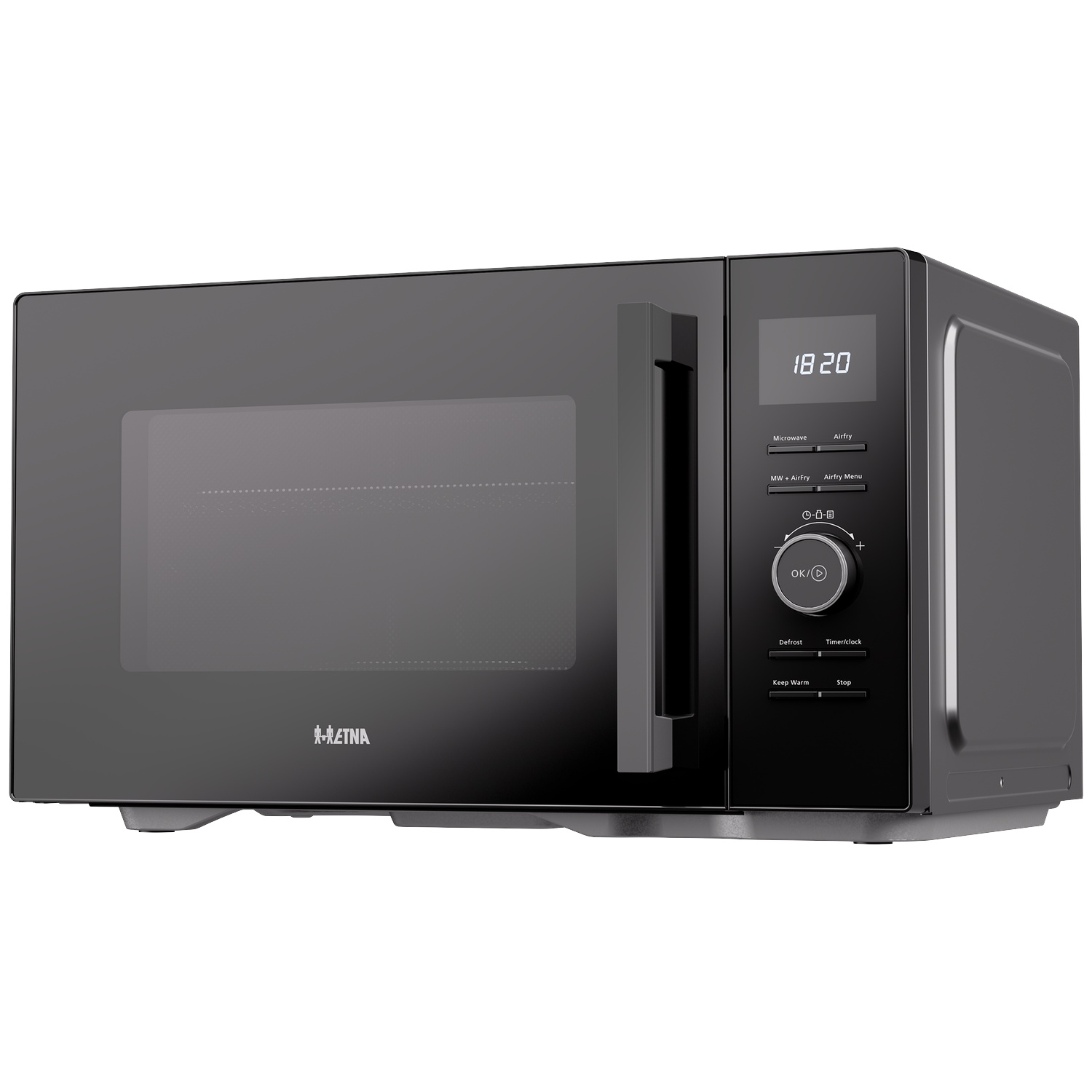 Modern black microwave with digital display and control buttons on the right side.