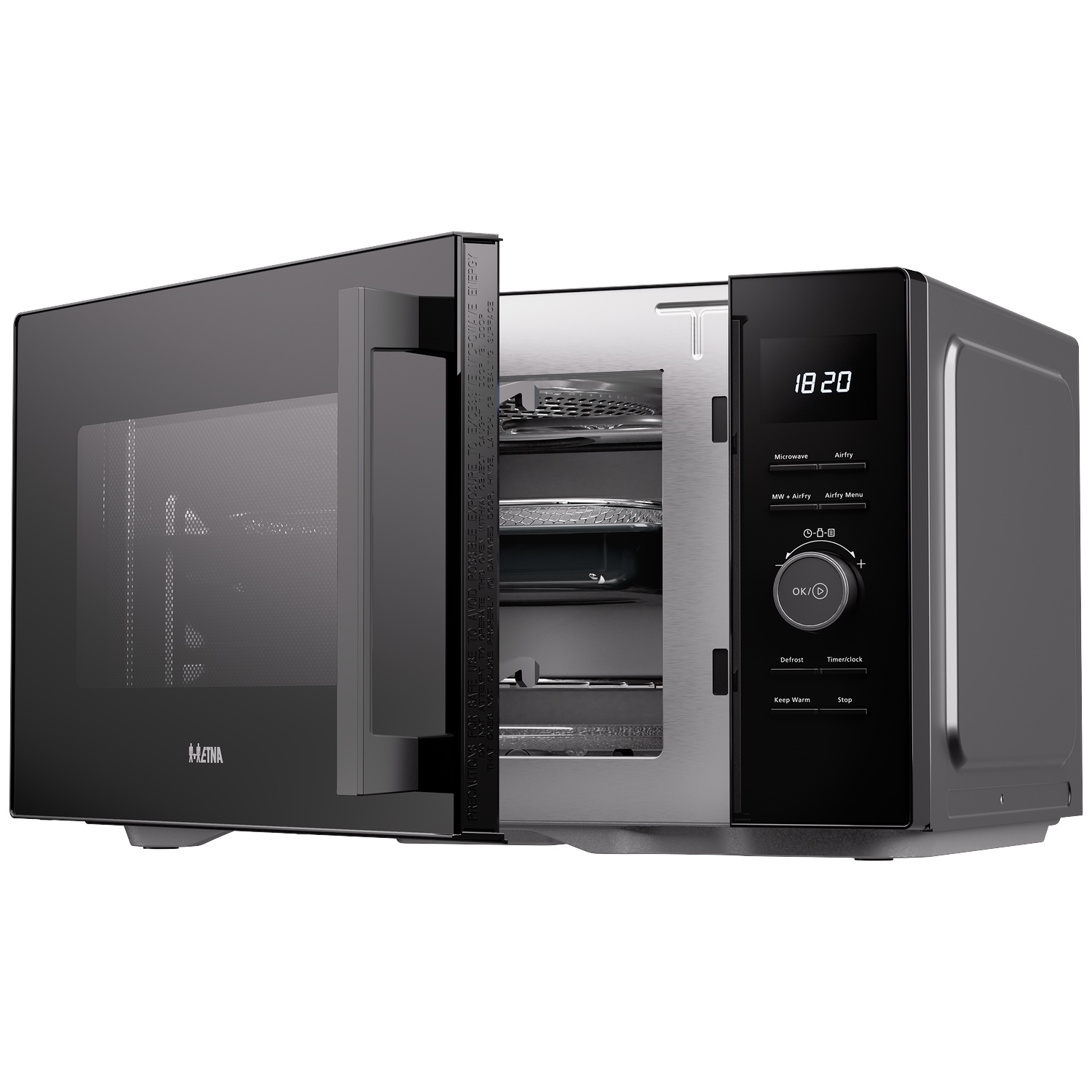 A black combination microwave with its glass door open, revealing the interior cavity and a control panel on the right.