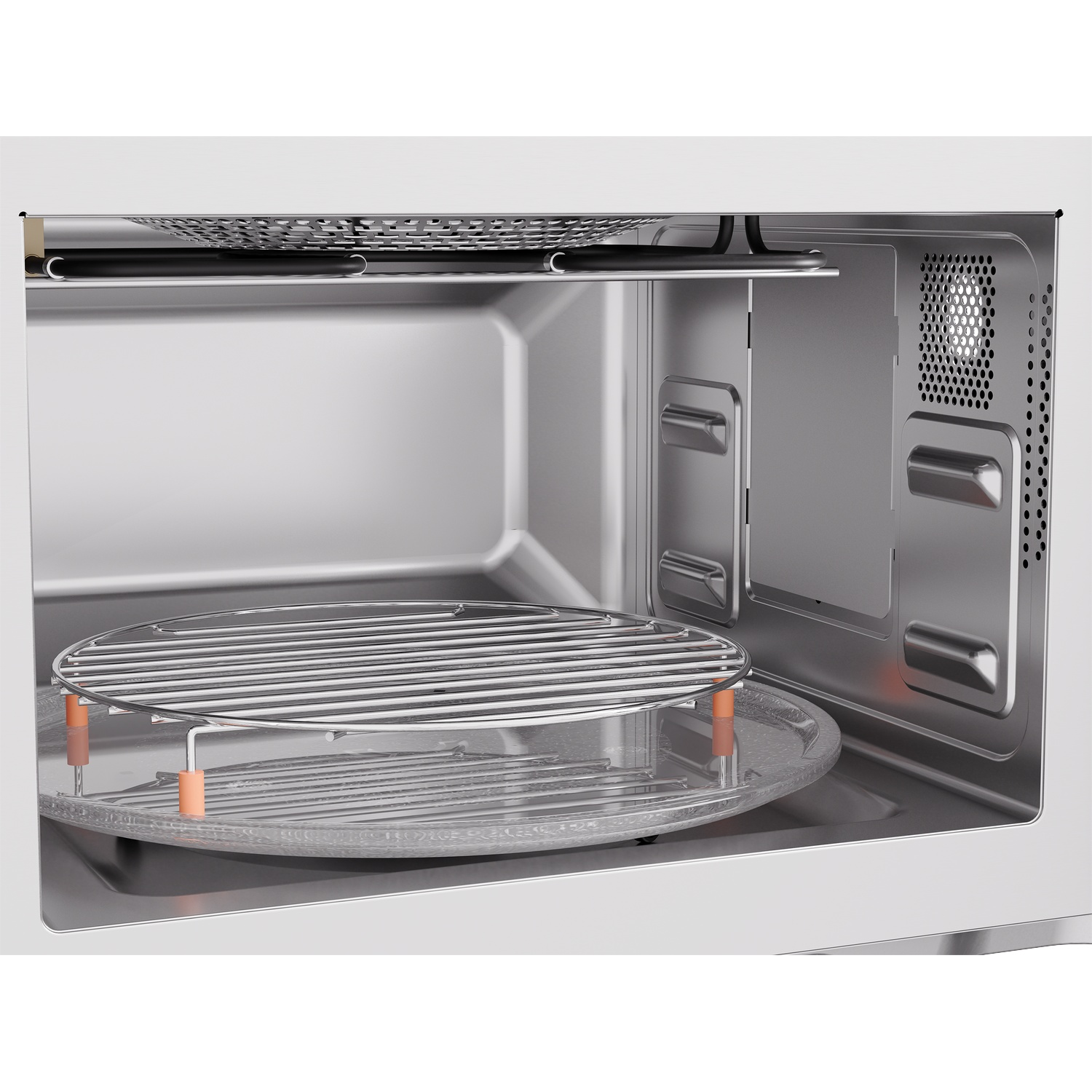The interior of a microwave with a glass turntable and a silver metal rack.