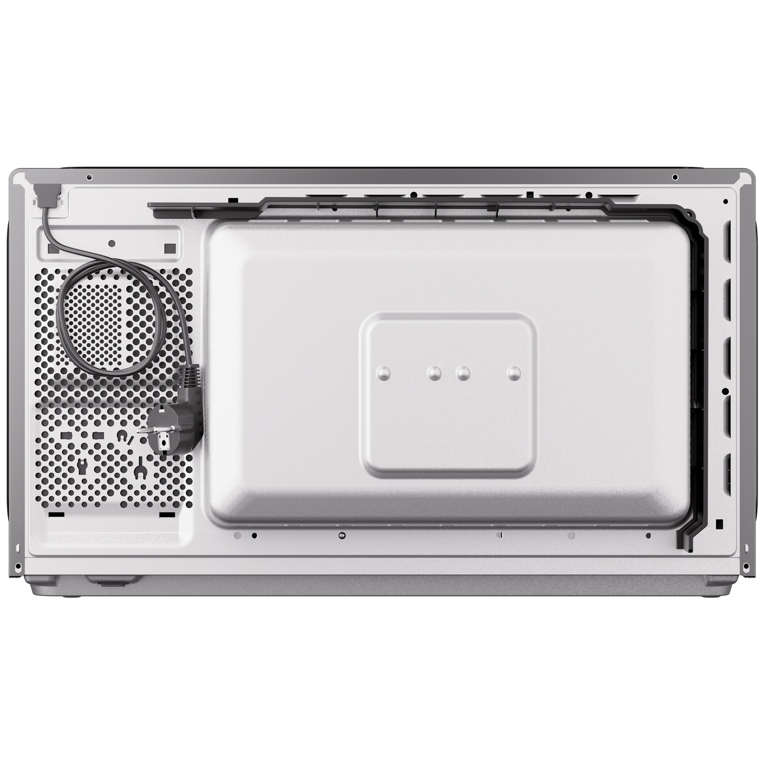 Back of a microwave with ventilation holes, power cord, and plug on a silver metal chassis.