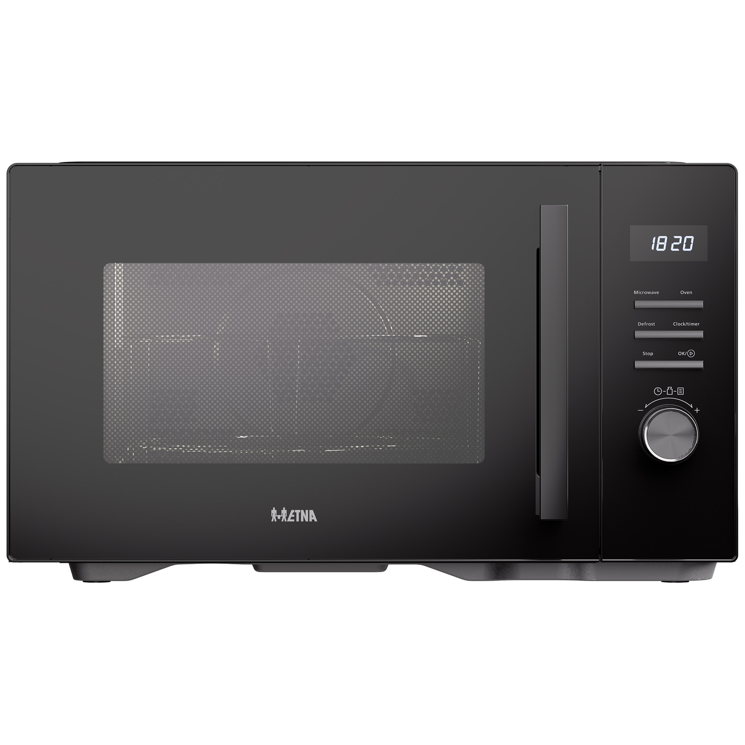 A black microwave oven with a digital display, buttons, and a rotary knob on the right side.
