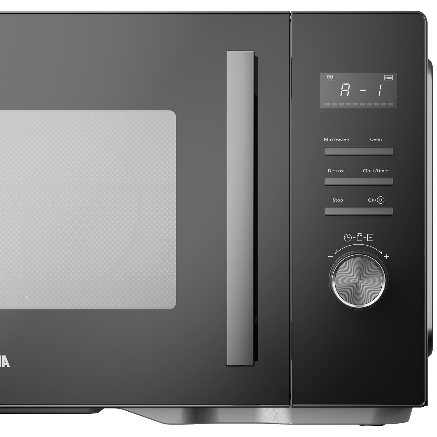 Black microwave featuring a digital display, control buttons, and a round dial on the right panel.