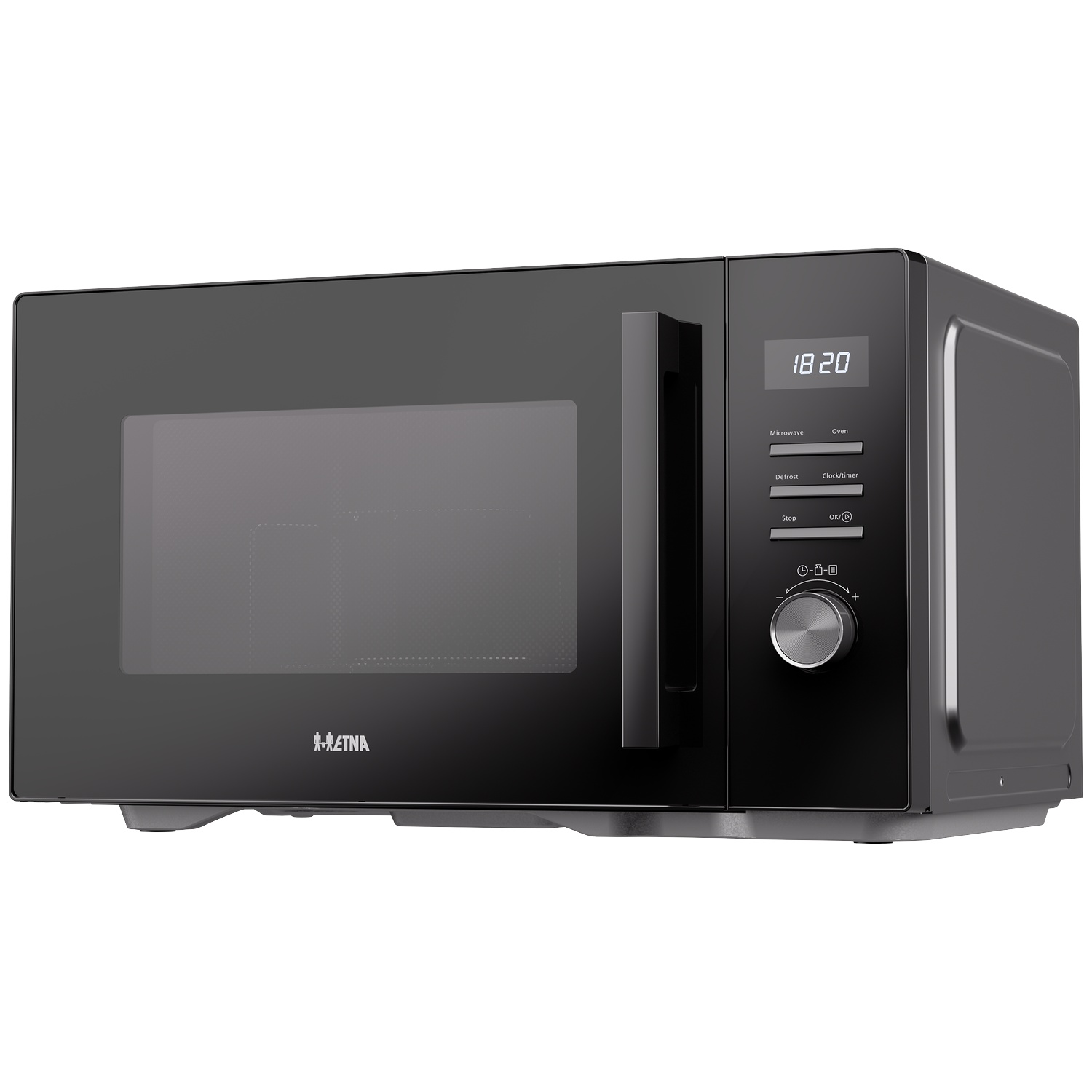 Black microwave with a digital display, buttons, and a rotary knob on the right side.