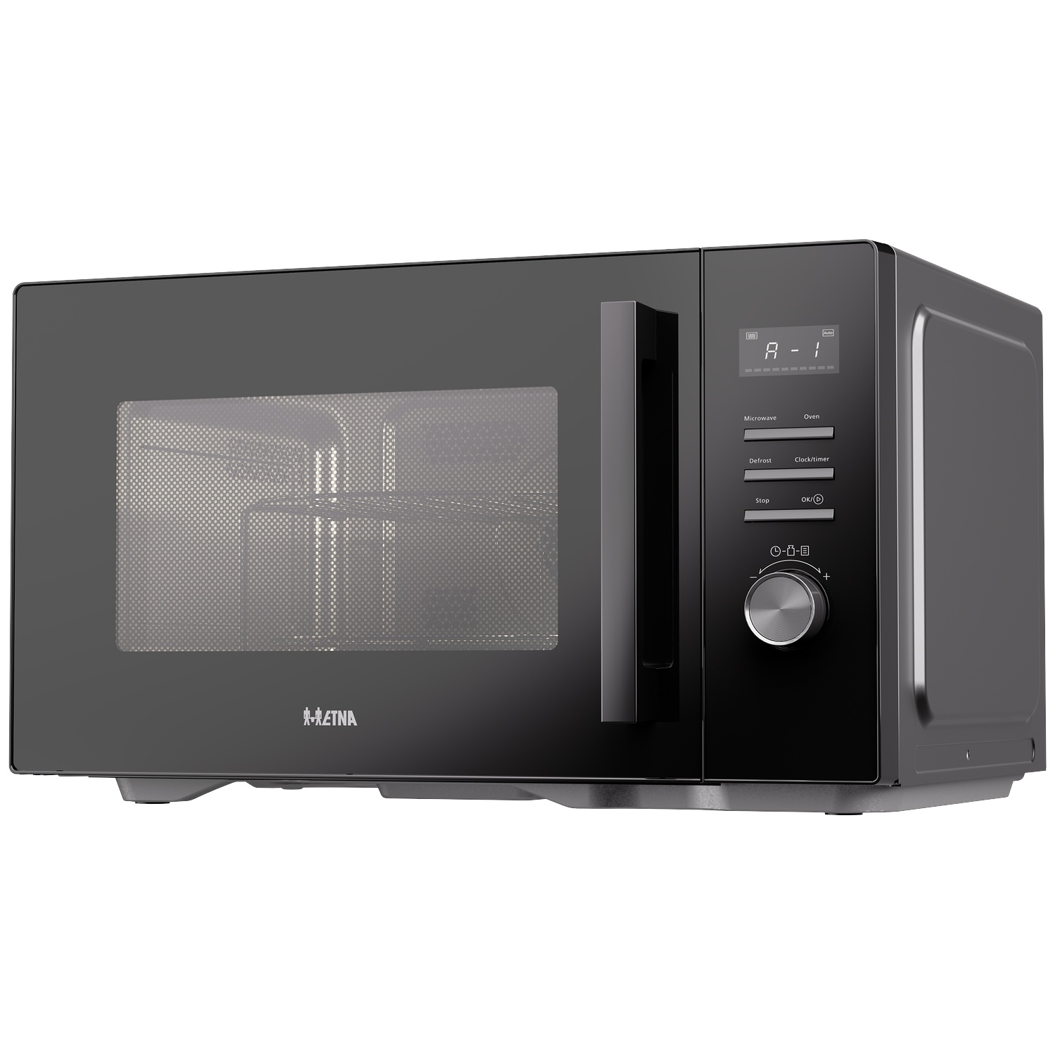 A black microwave with a digital display, push buttons, a rotary knob, and a door handle on a white surface.