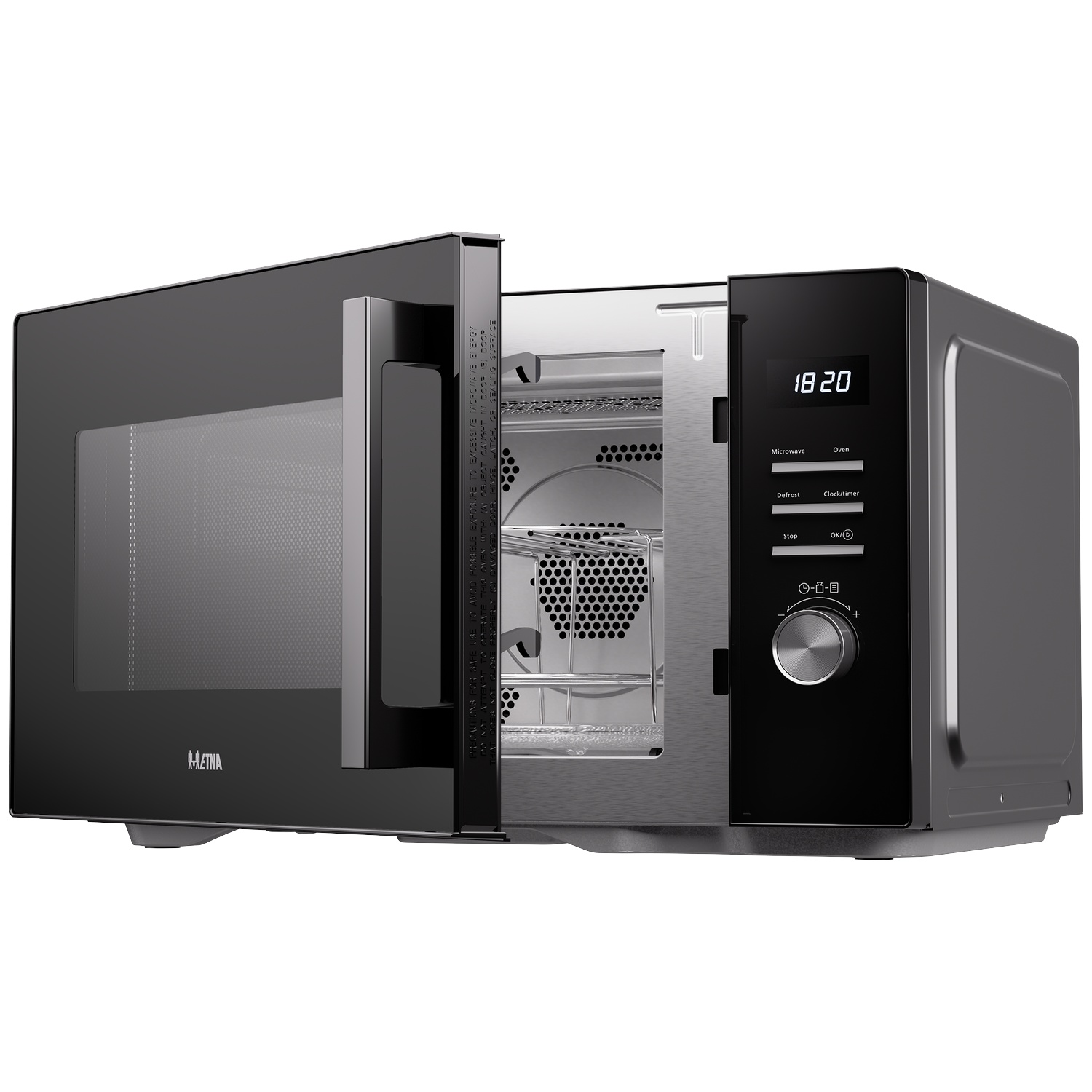 Black microwave with an open door, digital display, and rotary dial on a white background.