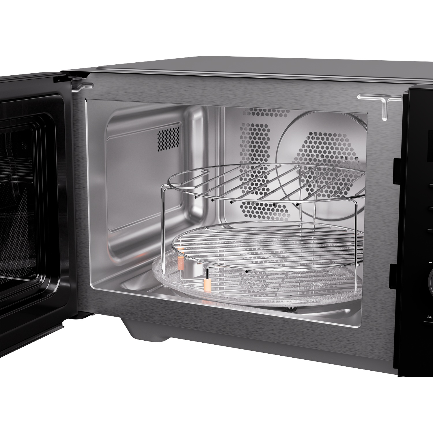 Inside view of an open stainless steel microwave with double wire racks and a glass turntable.