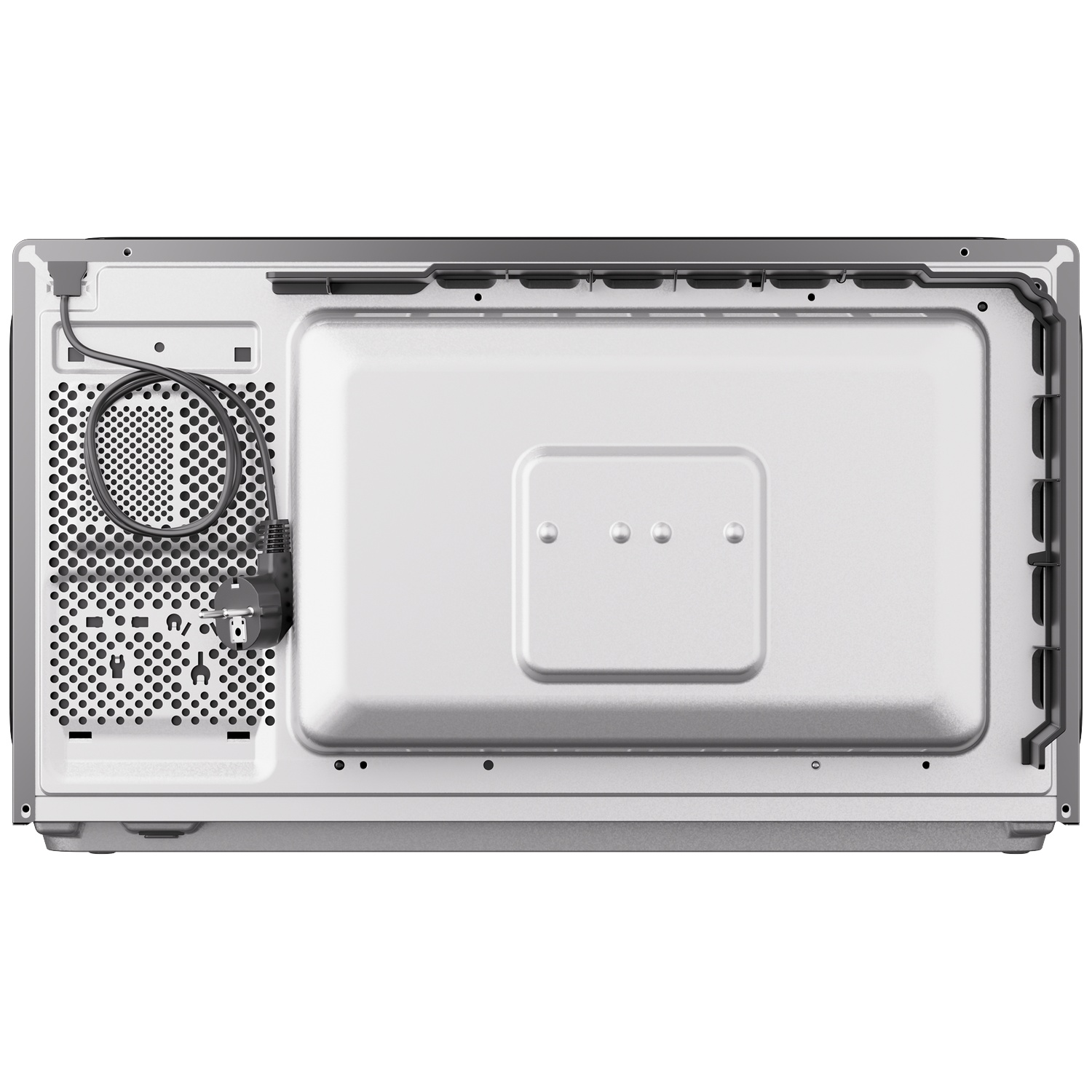Rear view of a grey microwave showing a ventilation grille and a coiled power cord.