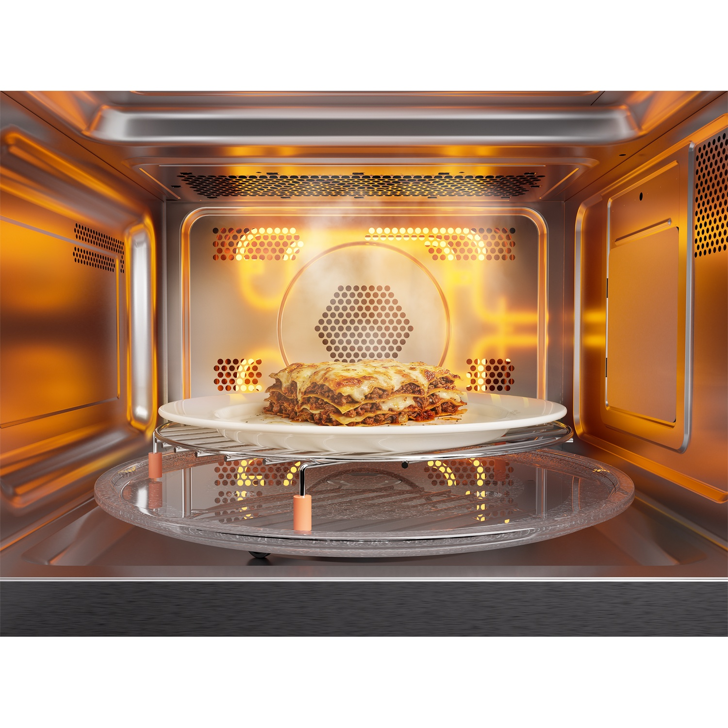 A lasagna is heating on a plate inside an illuminated microwave oven.