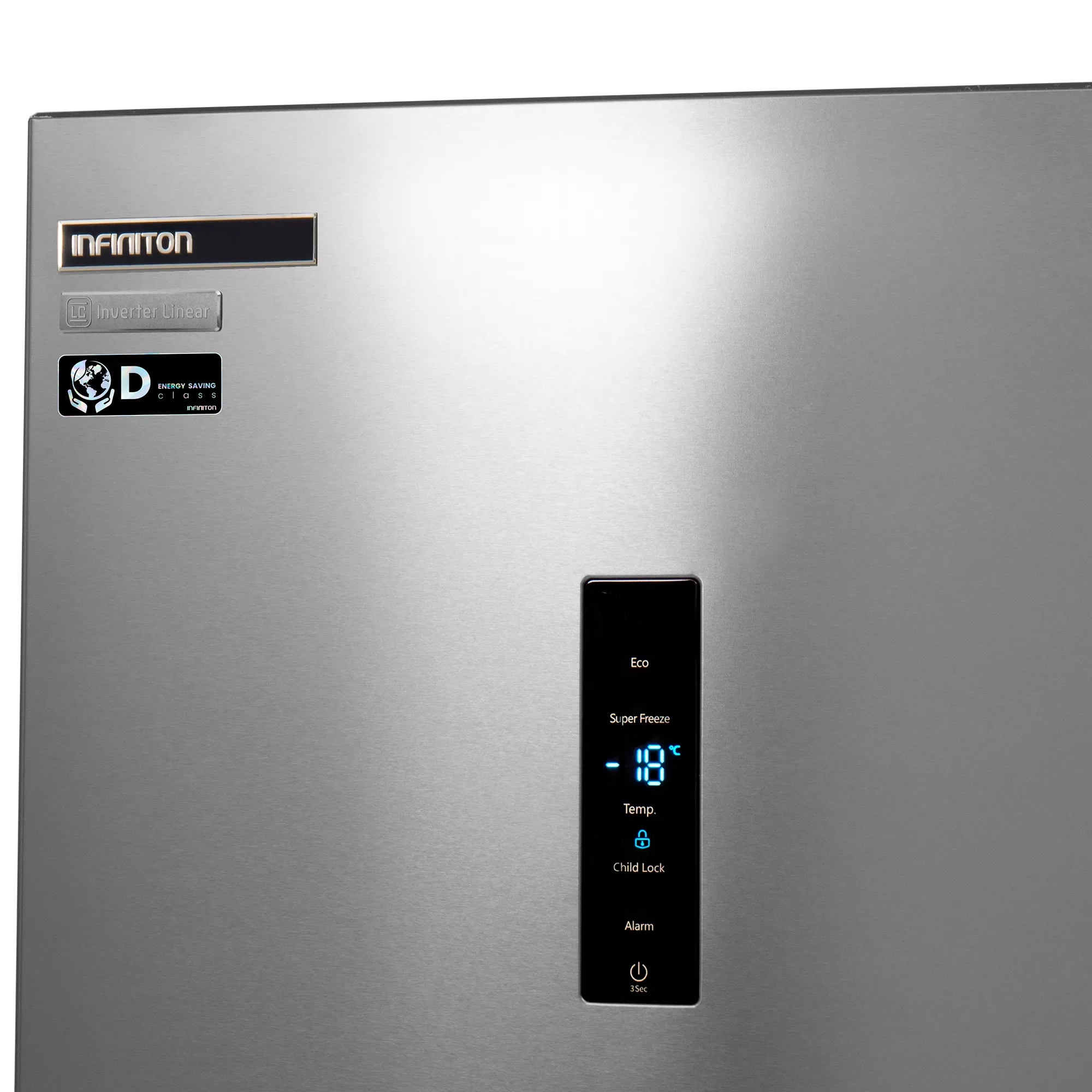 Congelador vertical - Infiniton CV-274L85XDB, 274 l, Alto 185.5 cm, No Frost, Metal Technology, LCD touchControl, Inox