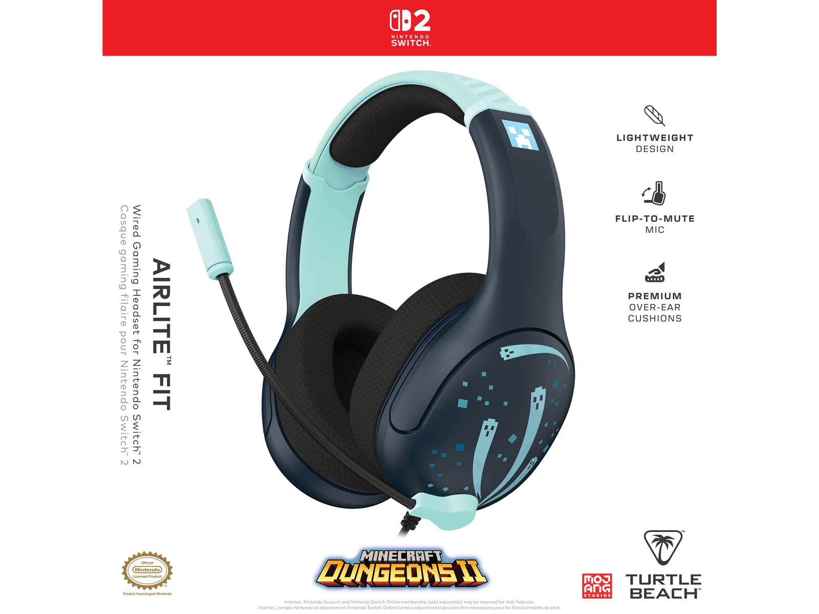 Auriculares gaming - Turtle beach Airlite™ Fit - Minecraft™ Dungeons II, Con Cable,Para Nintendo Switch™ 2, Diadema Acolchada, Micrófono, Azul