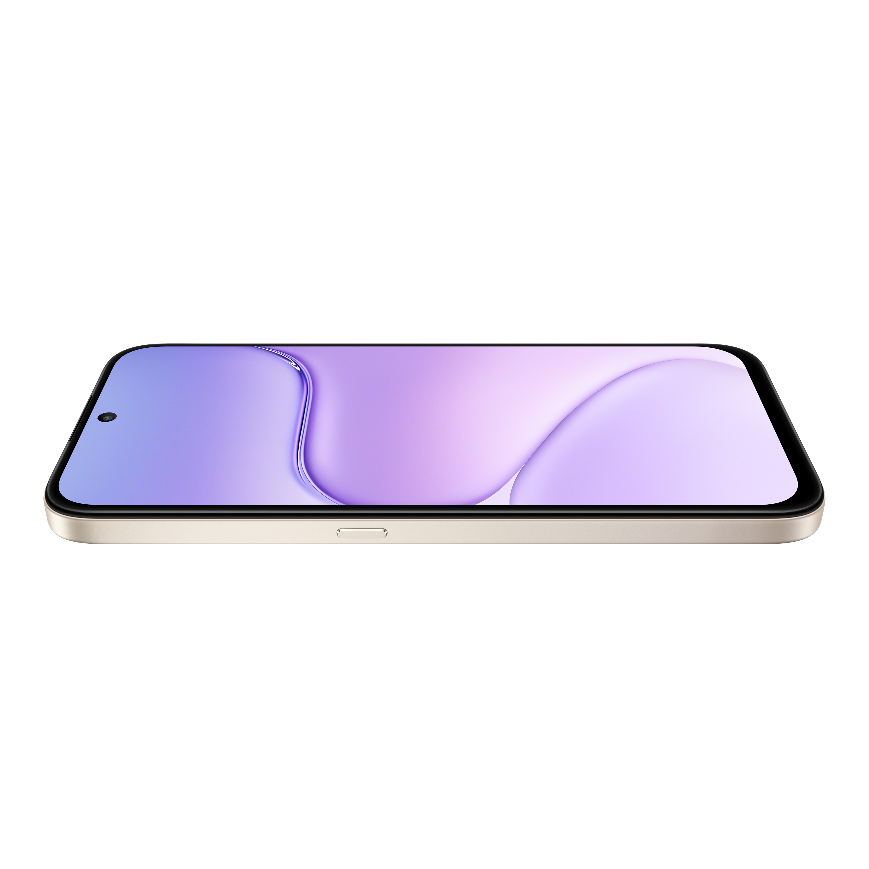 Siyah arka plan üzerinde parlak mor ekranlı yatay bir akıllı telefon.