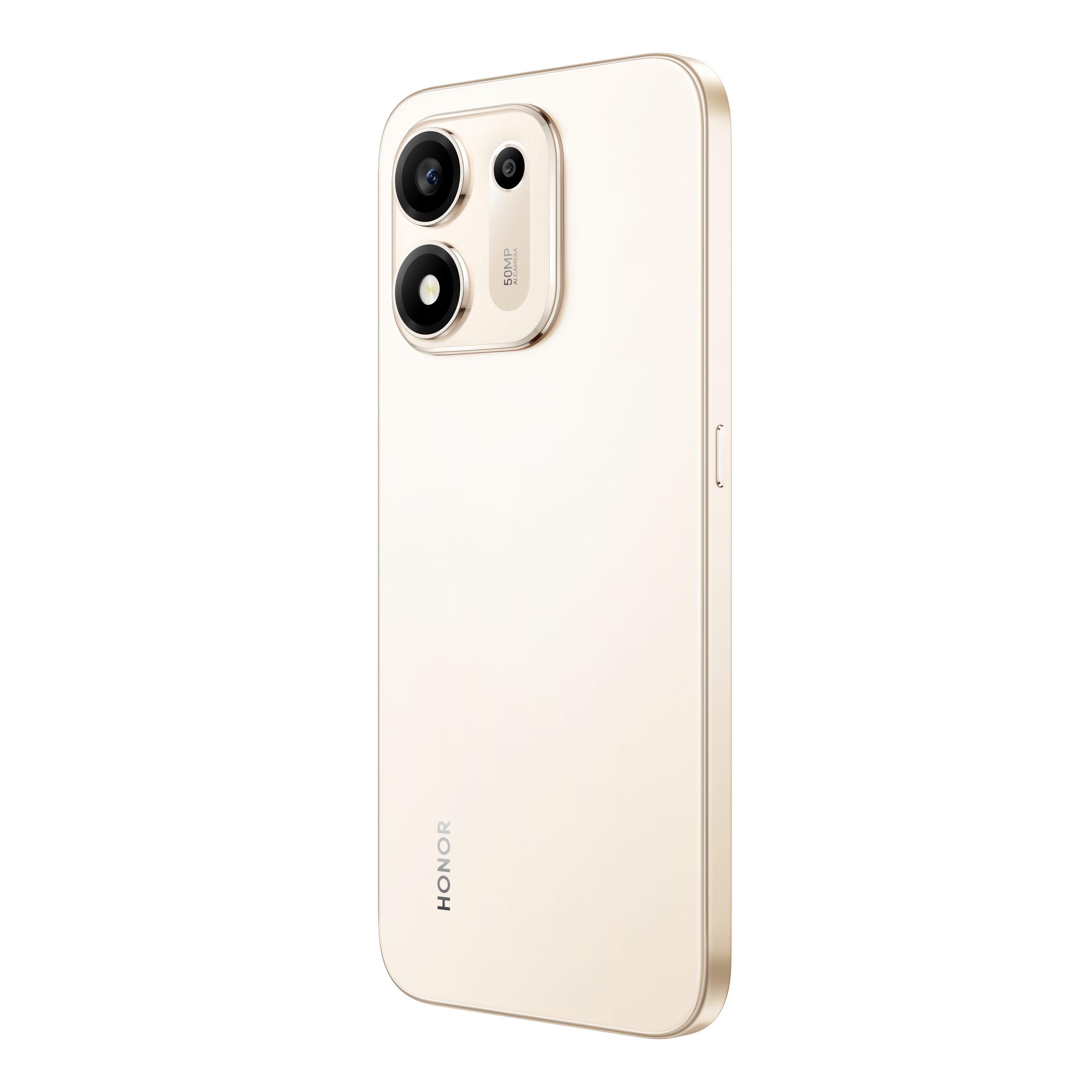 Altın renkli Honor akıllı telefon, arka yüzde çift kamera ve logo, siyah arka plan.