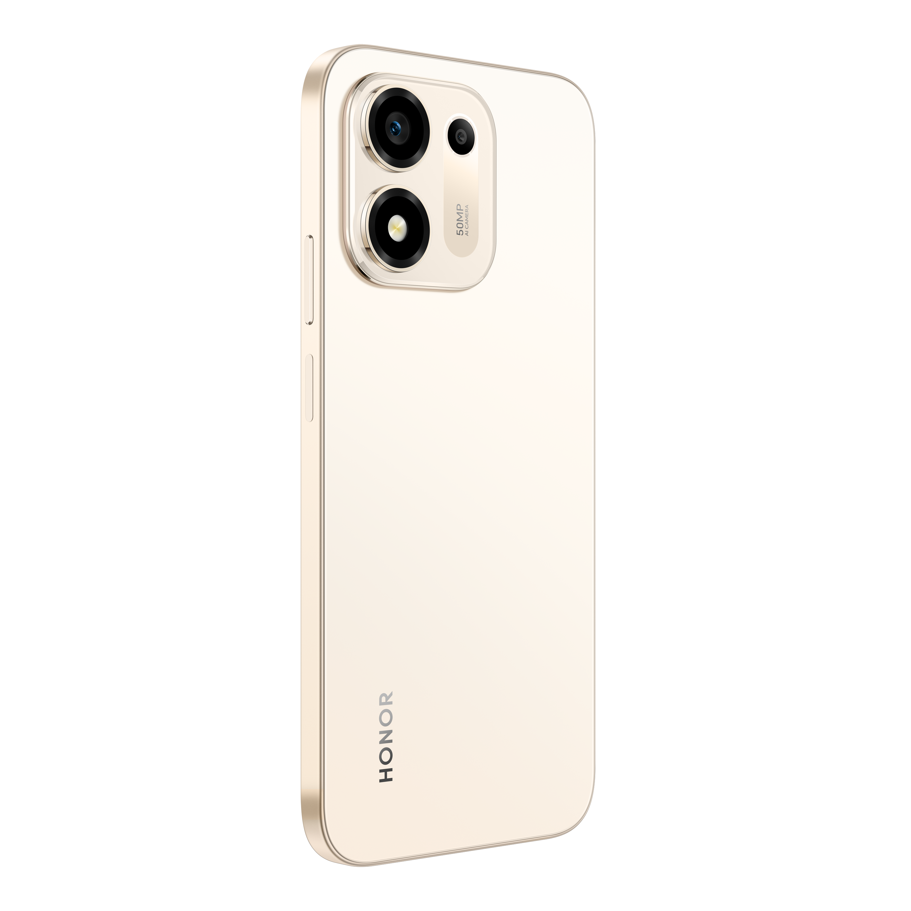 Siyah arka planda dikdörtgen kamera modülüne sahip bej renkli Honor akıllı telefonun arkası.