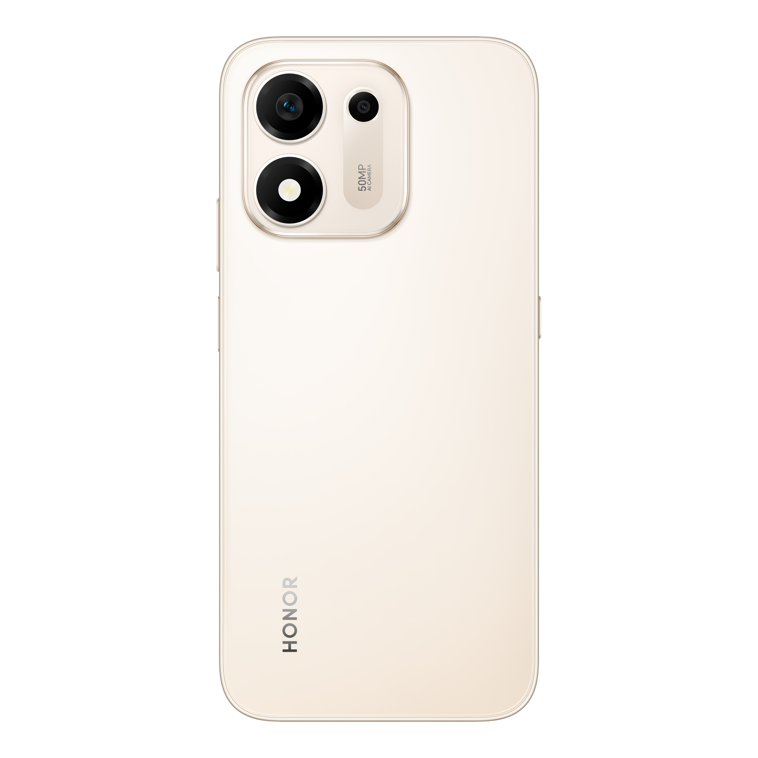Çift kameralı ve alt kısmında marka logosu bulunan bej renkli Honor akıllı telefonun arkası.