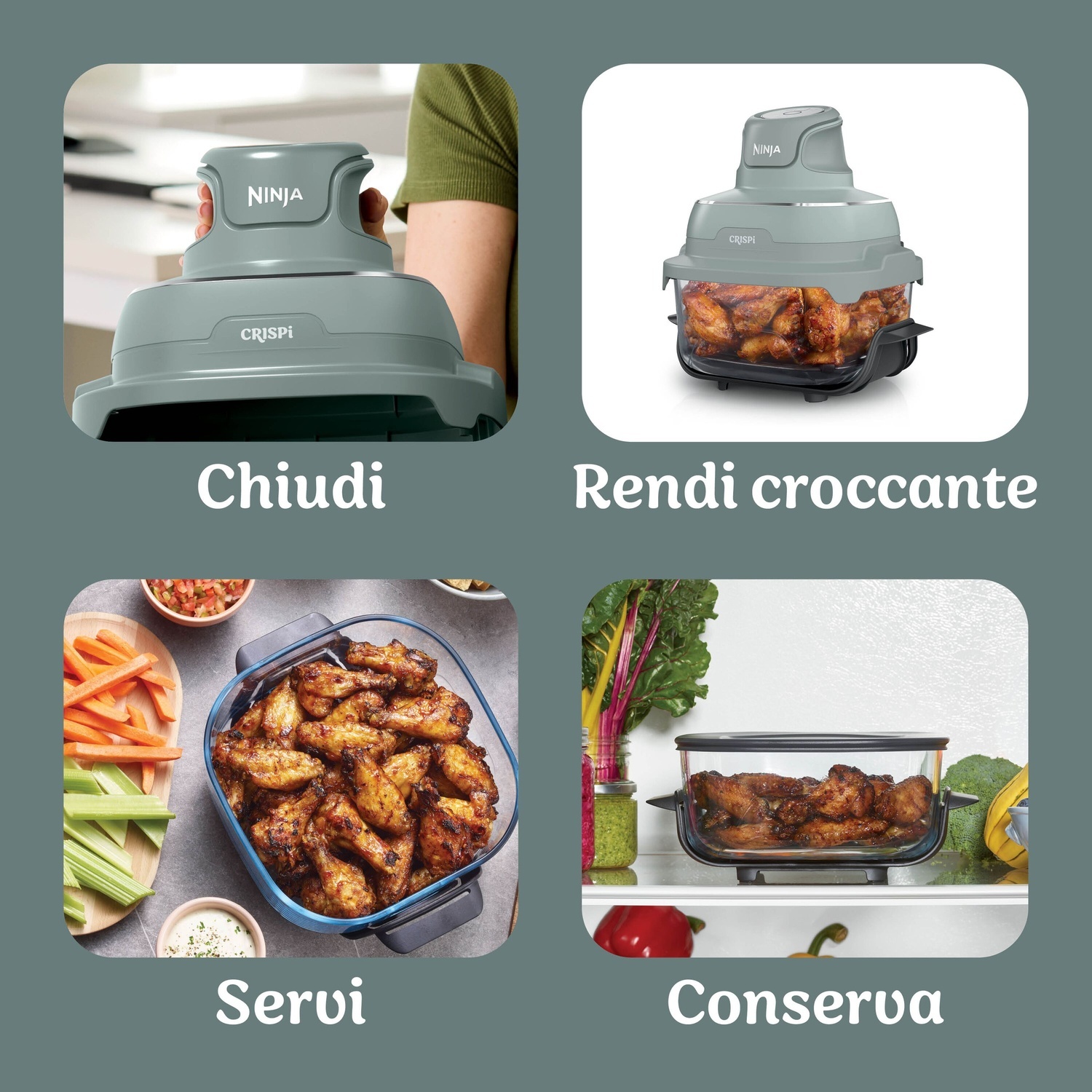 NINJA CRISPI PORTATILE 4 IN 1 FRIGGITRICE AD ARIA, capacità 3,8 l, Max potenza 1700 W, 4 programmi a 185 °C, Verde Salvia