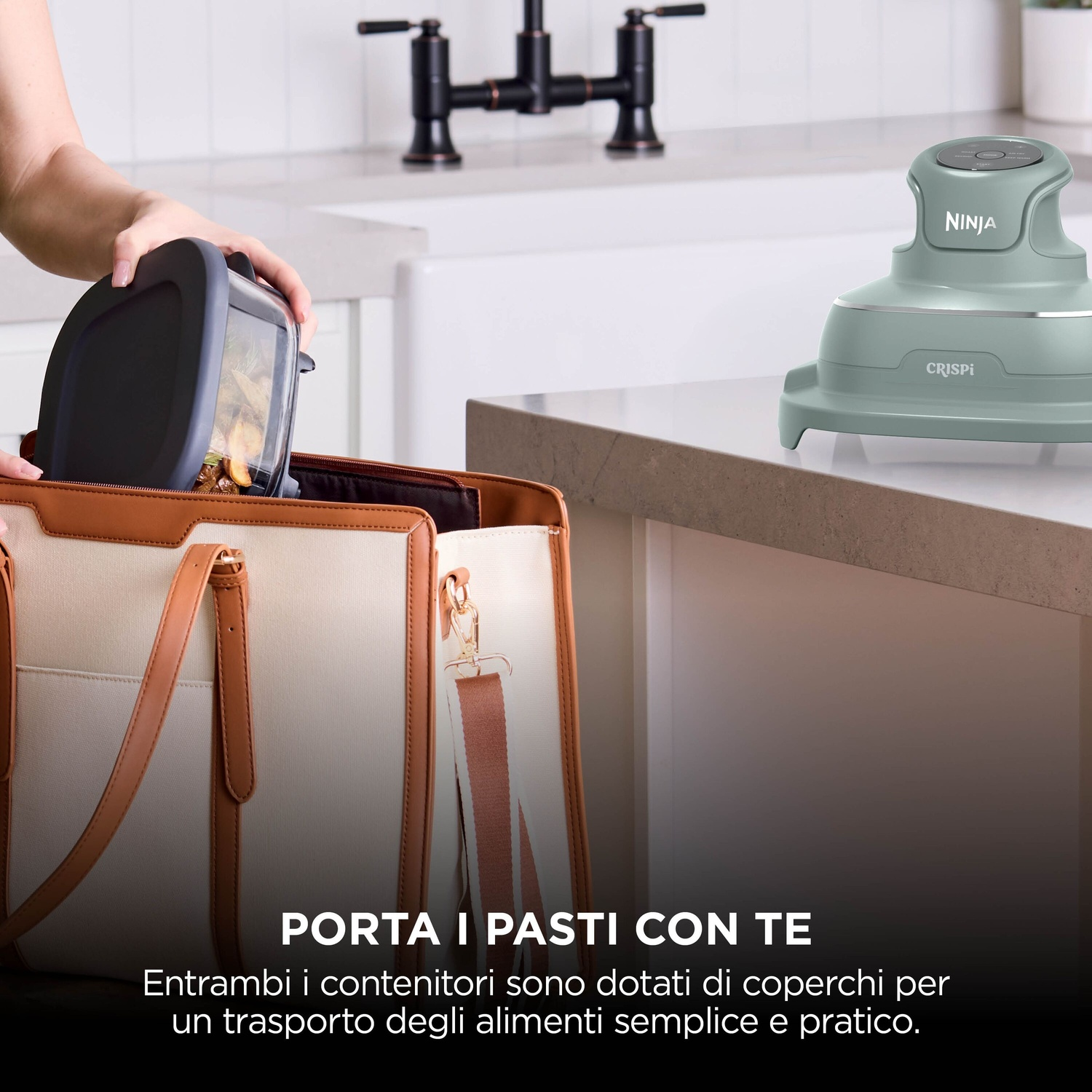 NINJA CRISPI PORTATILE 4 IN 1 FRIGGITRICE AD ARIA, capacità 3,8 l, Max potenza 1700 W, 4 programmi a 185 °C, Verde Salvia