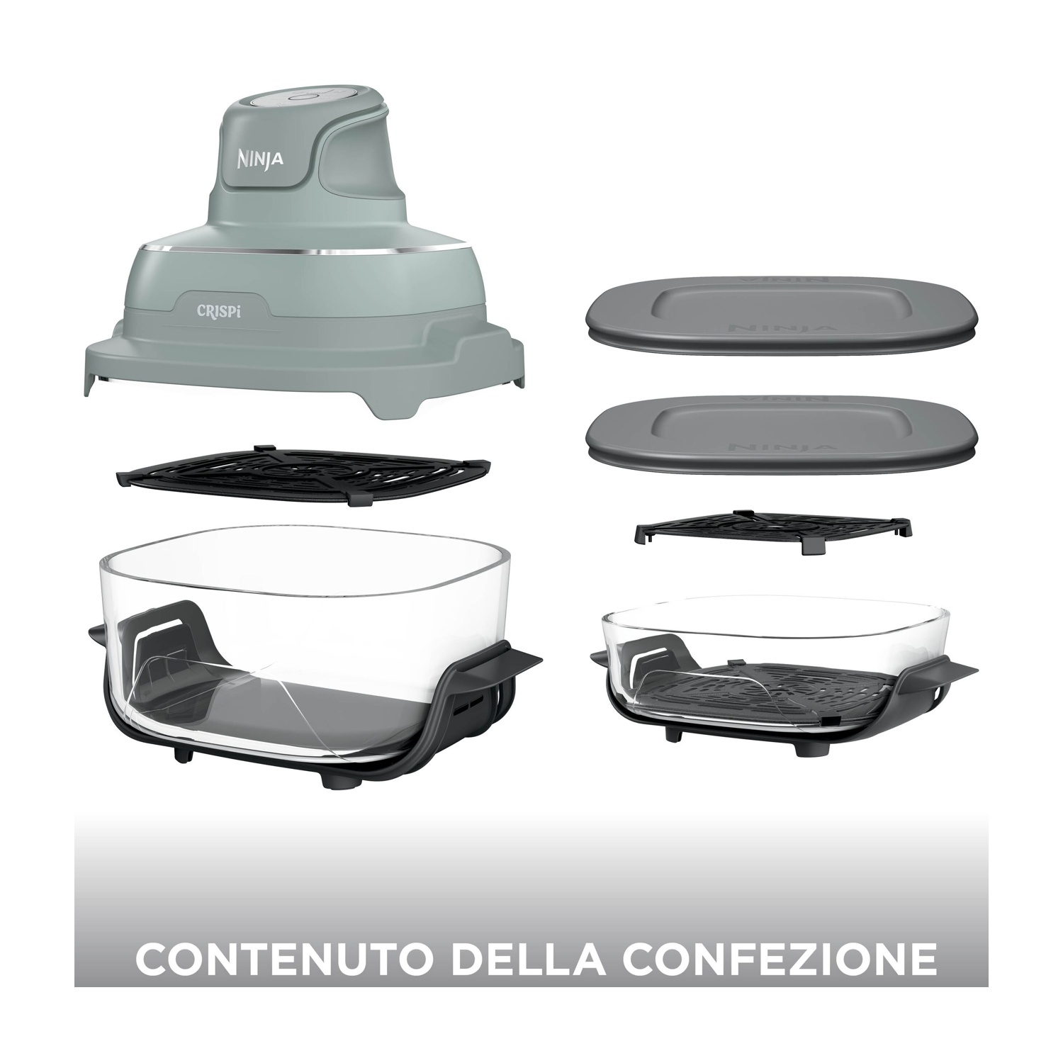 NINJA CRISPI PORTATILE 4 IN 1 FRIGGITRICE AD ARIA, capacità 3,8 l, Max potenza 1700 W, 4 programmi a 185 °C, Verde Salvia