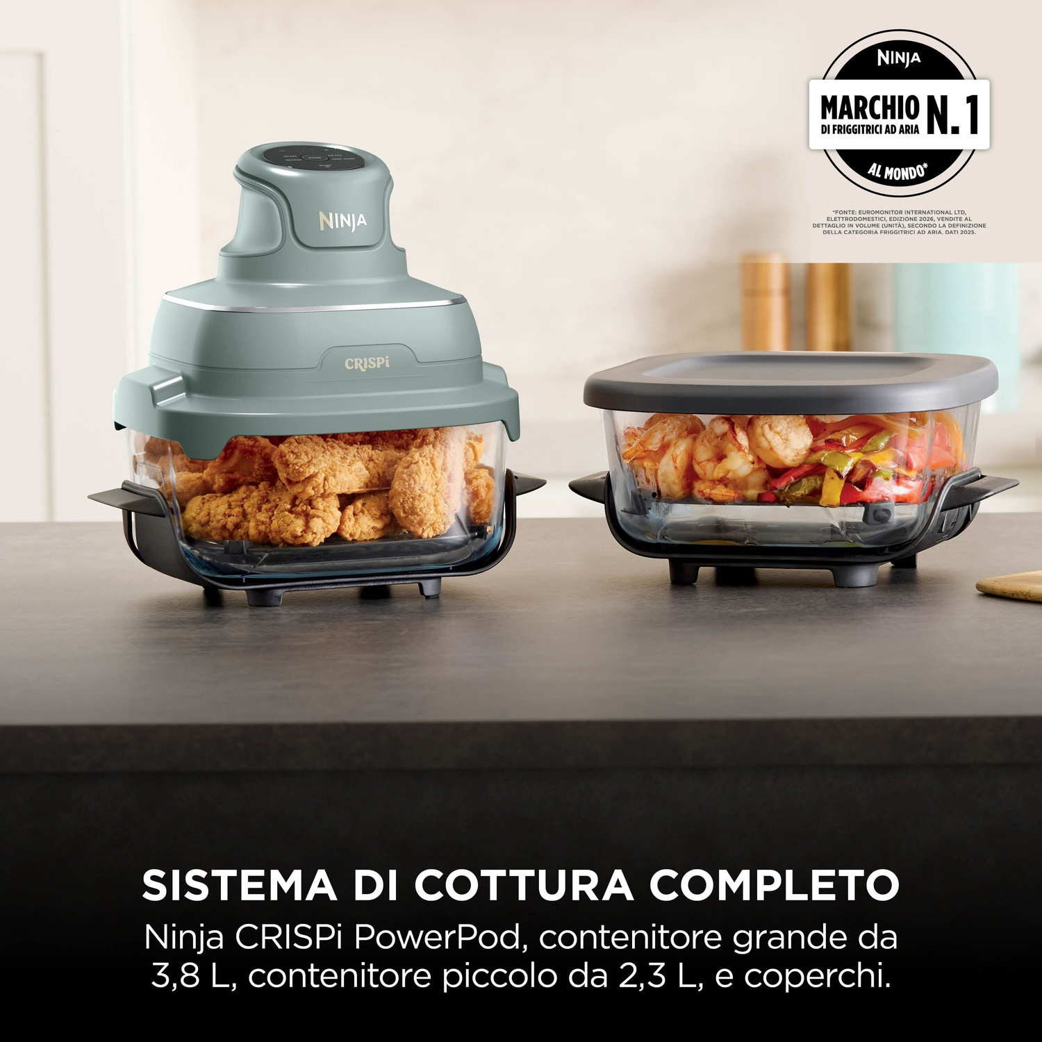 NINJA CRISPI PORTATILE 4 IN 1 FRIGGITRICE AD ARIA, capacità 3,8 l, Max potenza 1700 W, 4 programmi a 185 °C, Verde Salvia