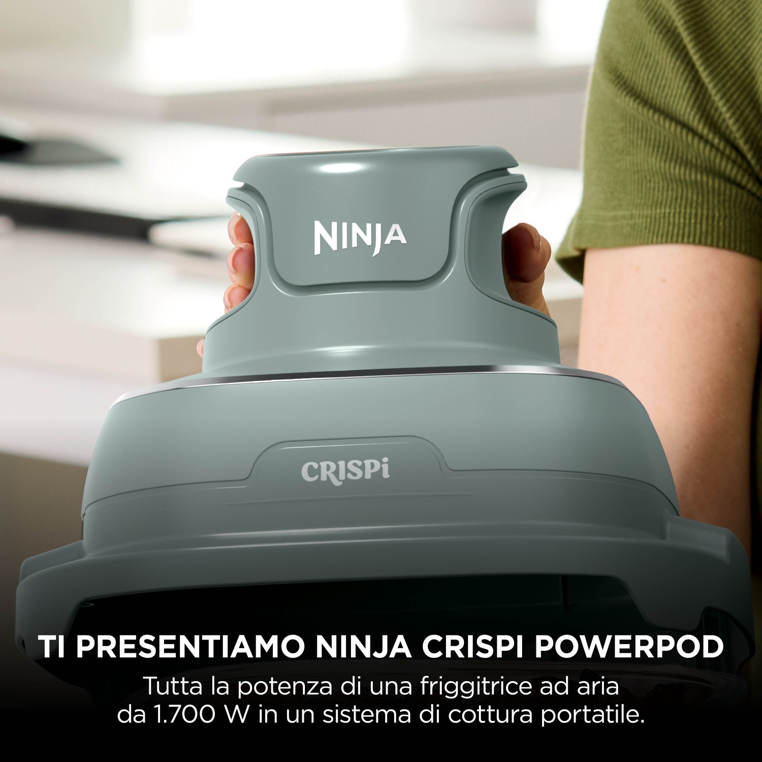 NINJA CRISPI PORTATILE 4 IN 1 FRIGGITRICE AD ARIA, capacità 3,8 l, Max potenza 1700 W, 4 programmi a 185 °C, Verde Salvia