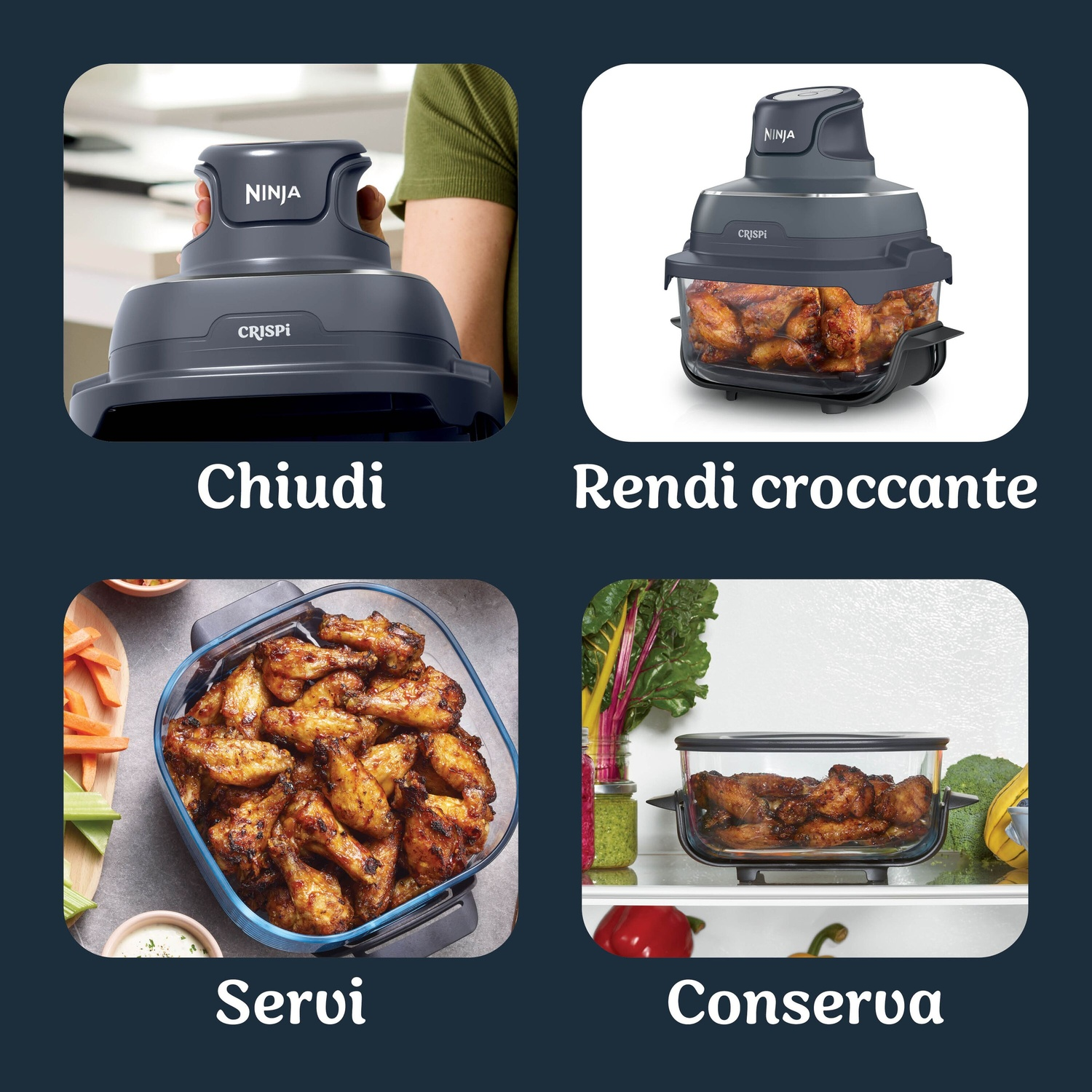 NINJA CRISPI PORTATILE 4 IN 1 FRIGGITRICE AD ARIA, capacità 3,8 l, Max potenza 1700 W, 4 programmi a 185 °C, Blu cyber