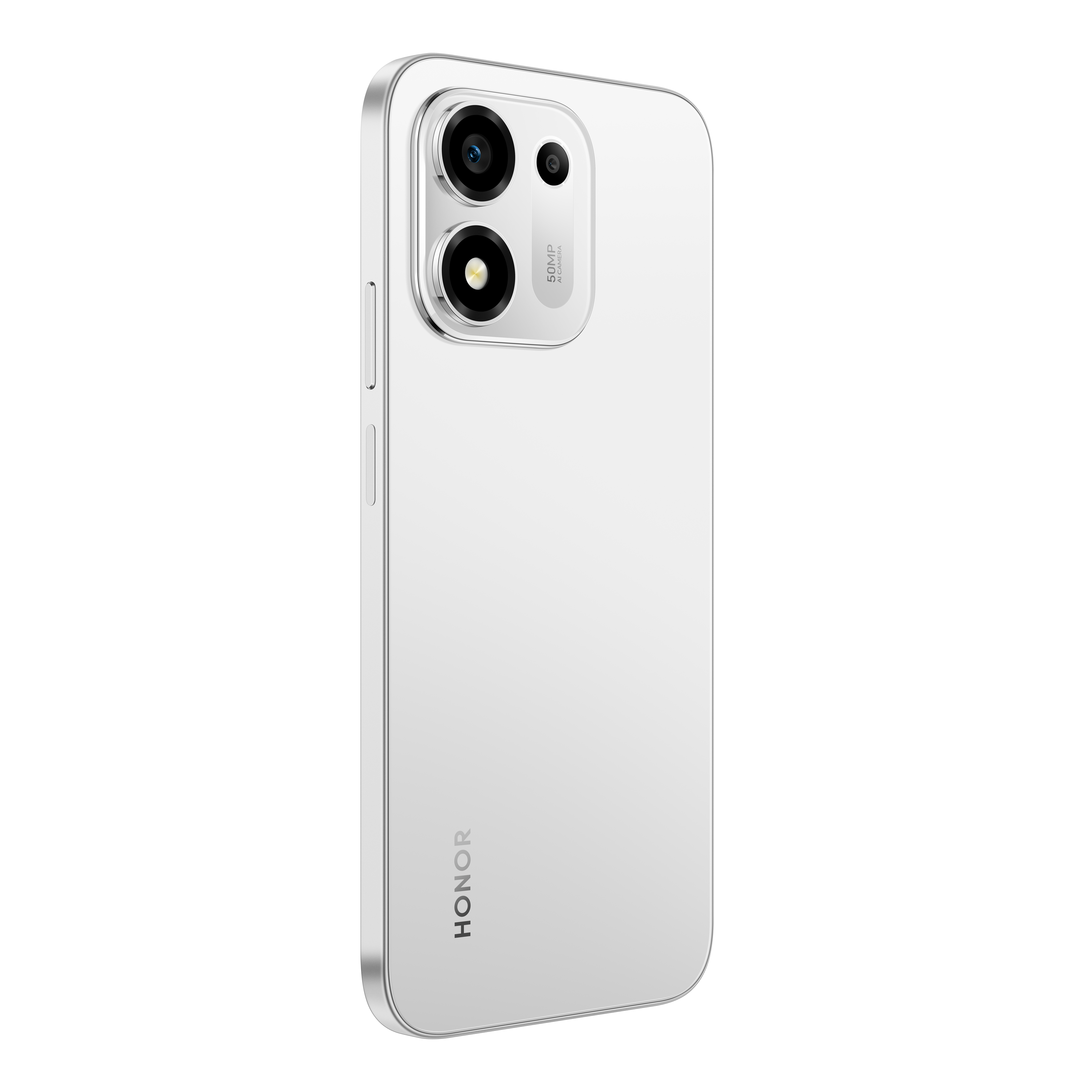 Siyah arka planda çift kameralı ve logo bulunan gümüş rengi Honor akıllı telefonun arkası.