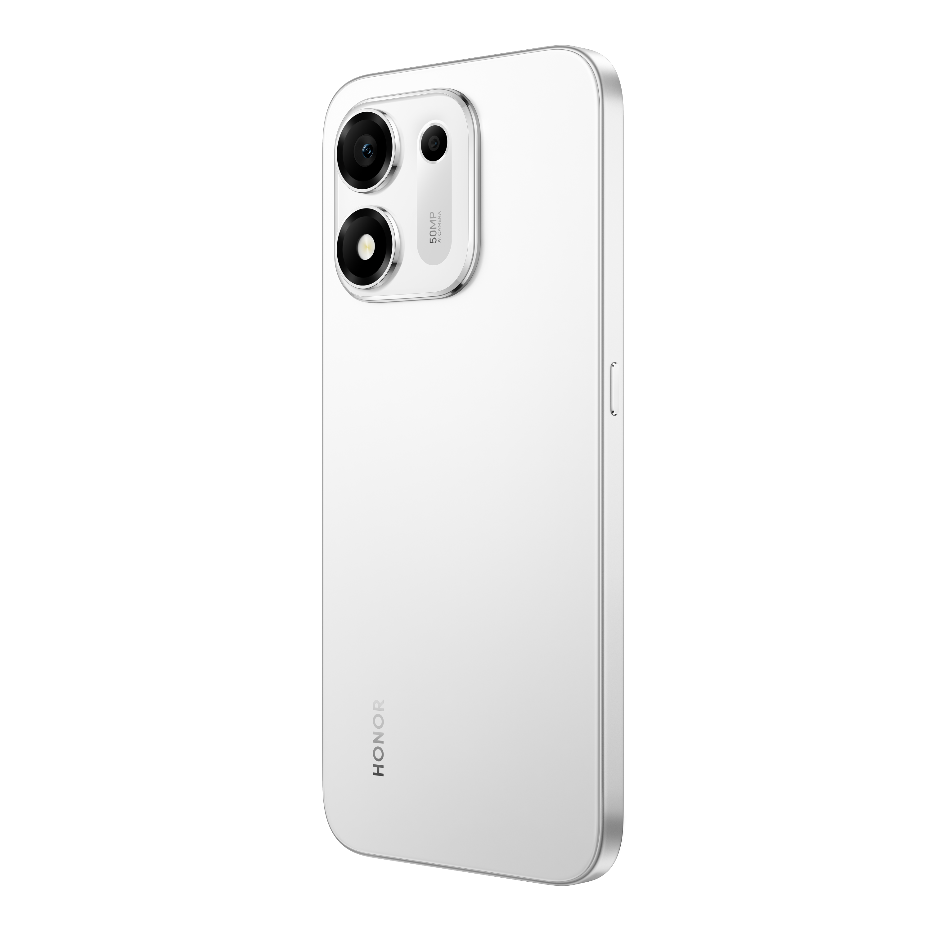 Siyah arka planda dikey çift kameralı beyaz bir Honor akıllı telefonun arkası.