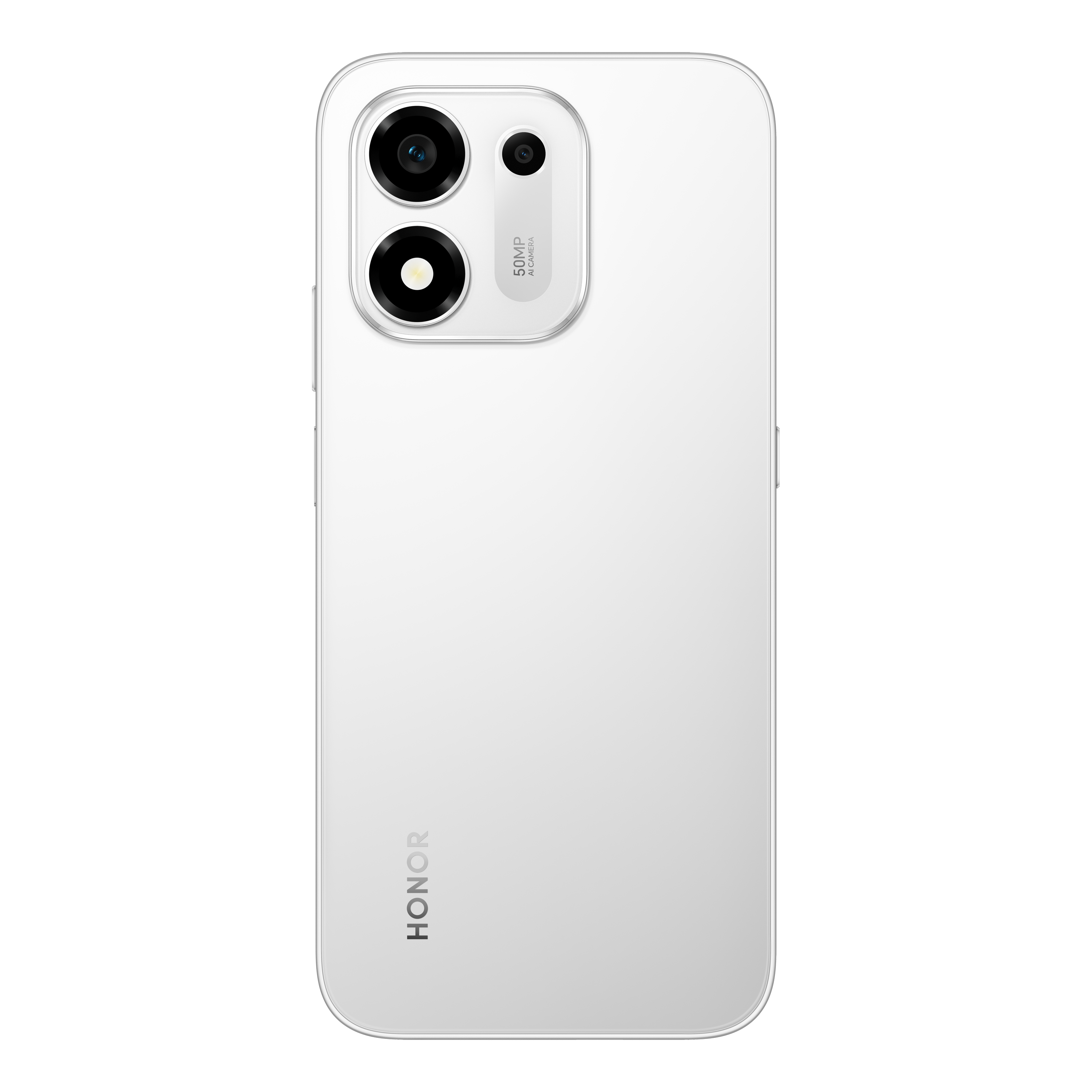 Çift kamera modülüne ve Honor logosuna sahip beyaz bir akıllı telefonun arka yüzü.