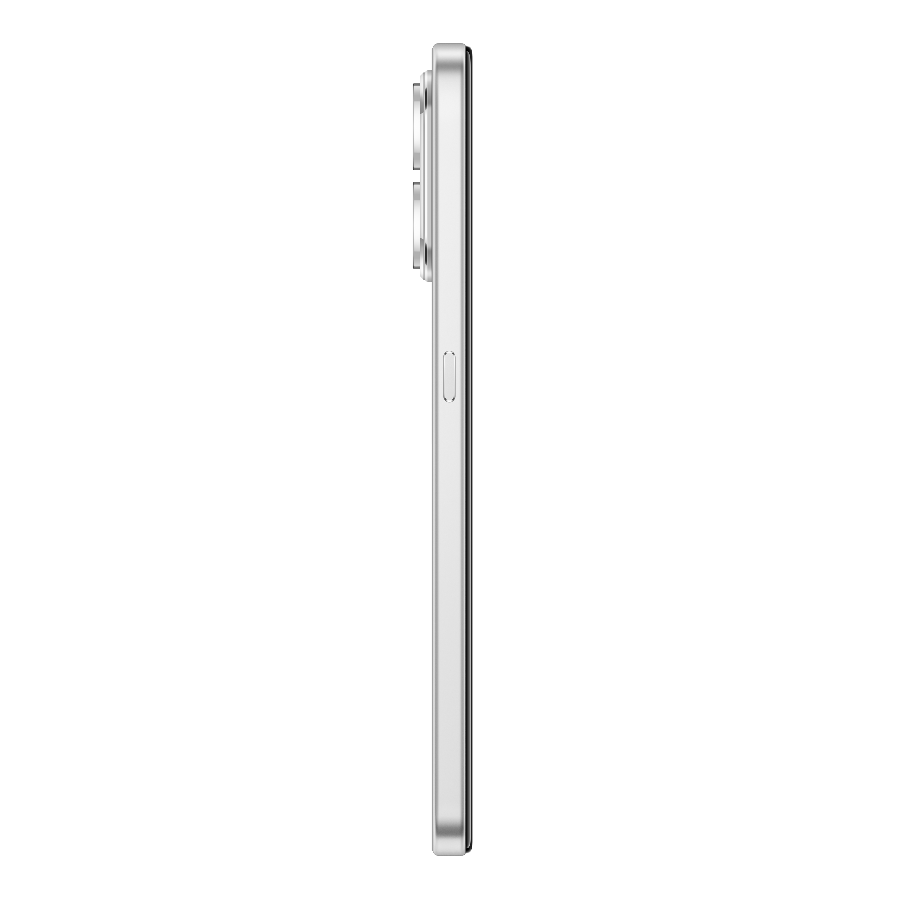 Siyah arka plan üzerinde kamera modülü ve güç tuşu bulunan ince, gümüş renkli bir akıllı telefonun yan görünümü.