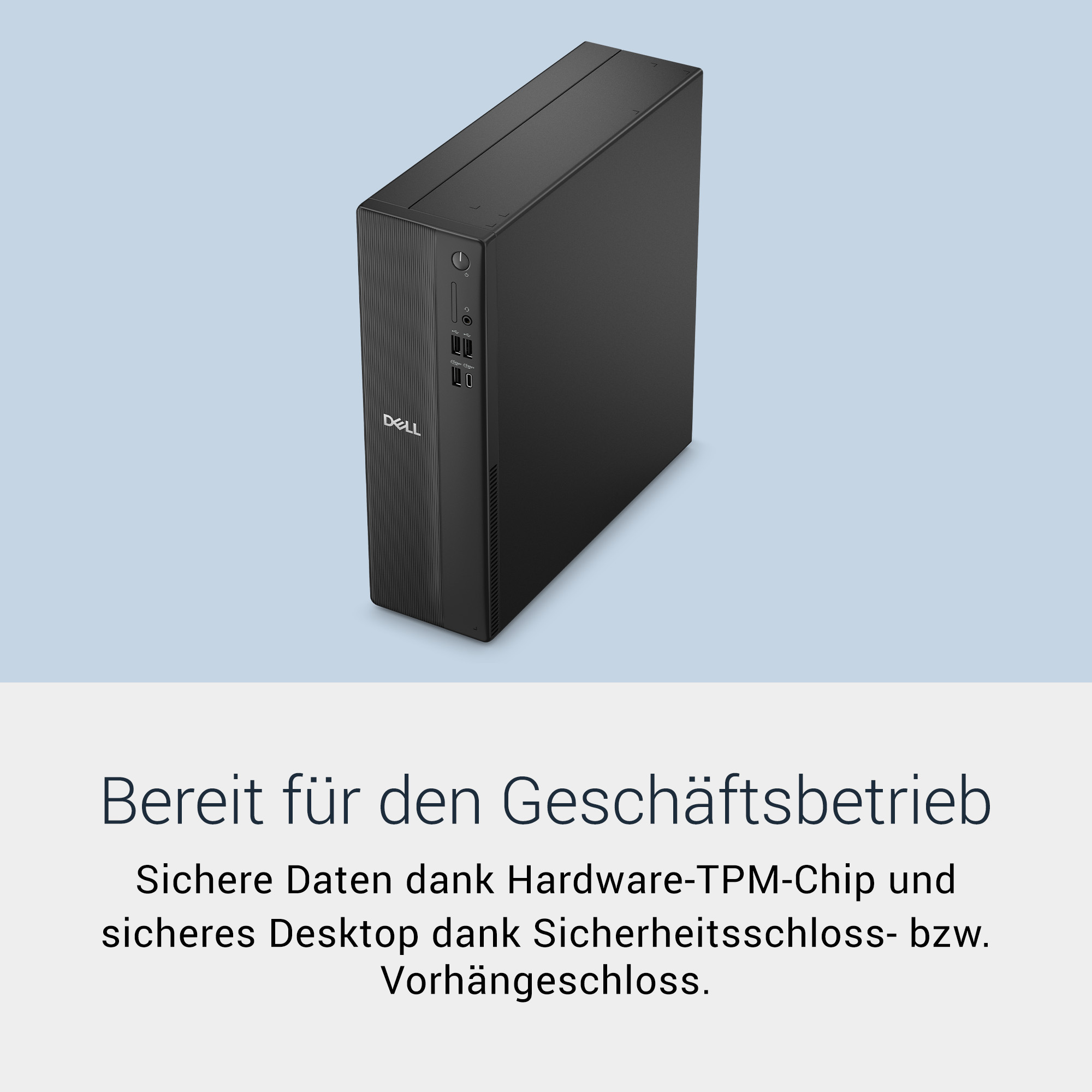 Schwarzer Dell Desktop-PC auf hellblauem Hintergrund mit deutschem Werbetext darunter.