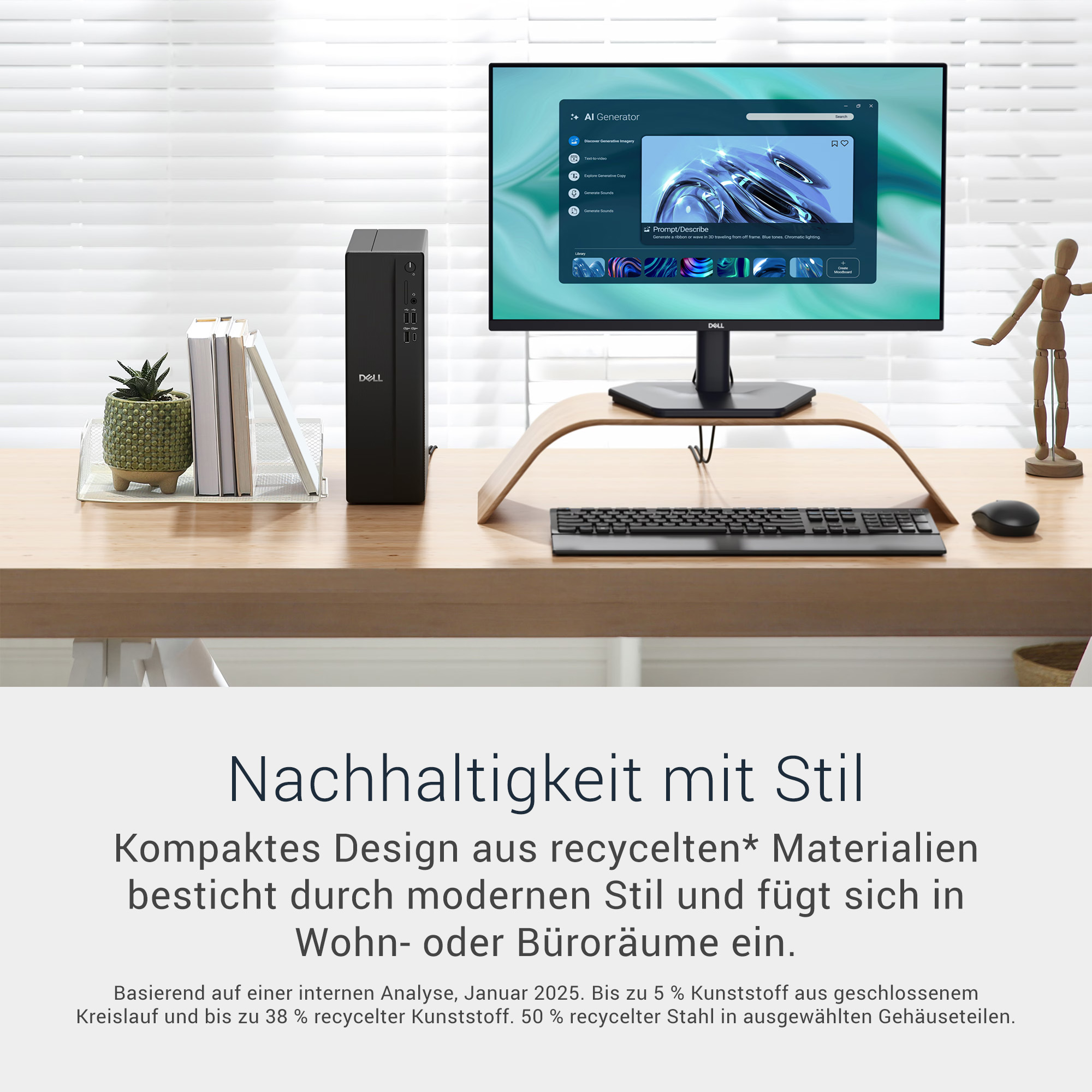 Moderner Schreibtisch mit Dell PC, Monitor, Pflanzen und Holzständer vor weißem Fenster.