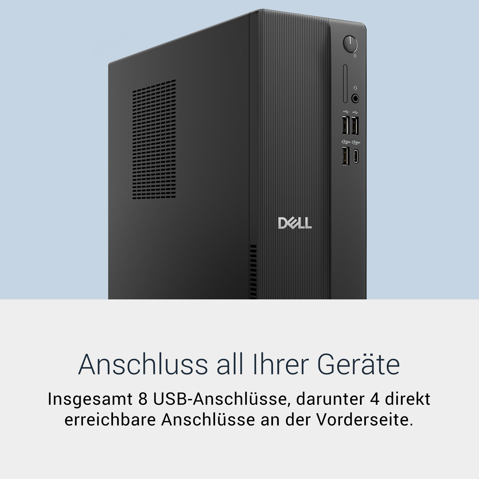 Schwarzer Dell Desktop-PC mit Frontanschlüssen und Text auf hellem Hintergrund.