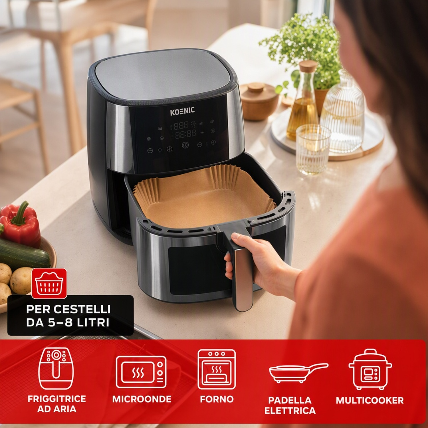 CARTA FORNO PER FRIGGITRICE AD ARIA KOENIC KAFP-2020, 20x20 cm, 100 pezzi, Monouso, Adatta a modelli 5-8 L