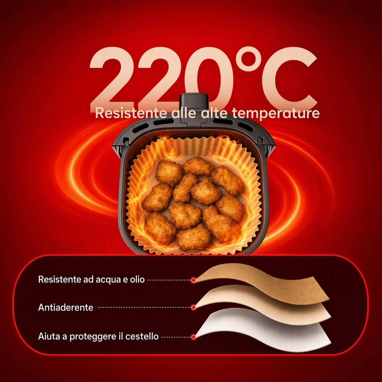 CARTA FORNO PER FRIGGITRICE AD ARIA KOENIC KAFP-2020, 20x20 cm, 100 pezzi, Monouso, Adatta a modelli 5-8 L