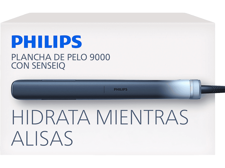 Plancha de pelo - Philips Aqua Edition 9000 BHS956/00, SenseIQ, placas cerámicas, alisa y crea ondas, iones agua, azul oscuro