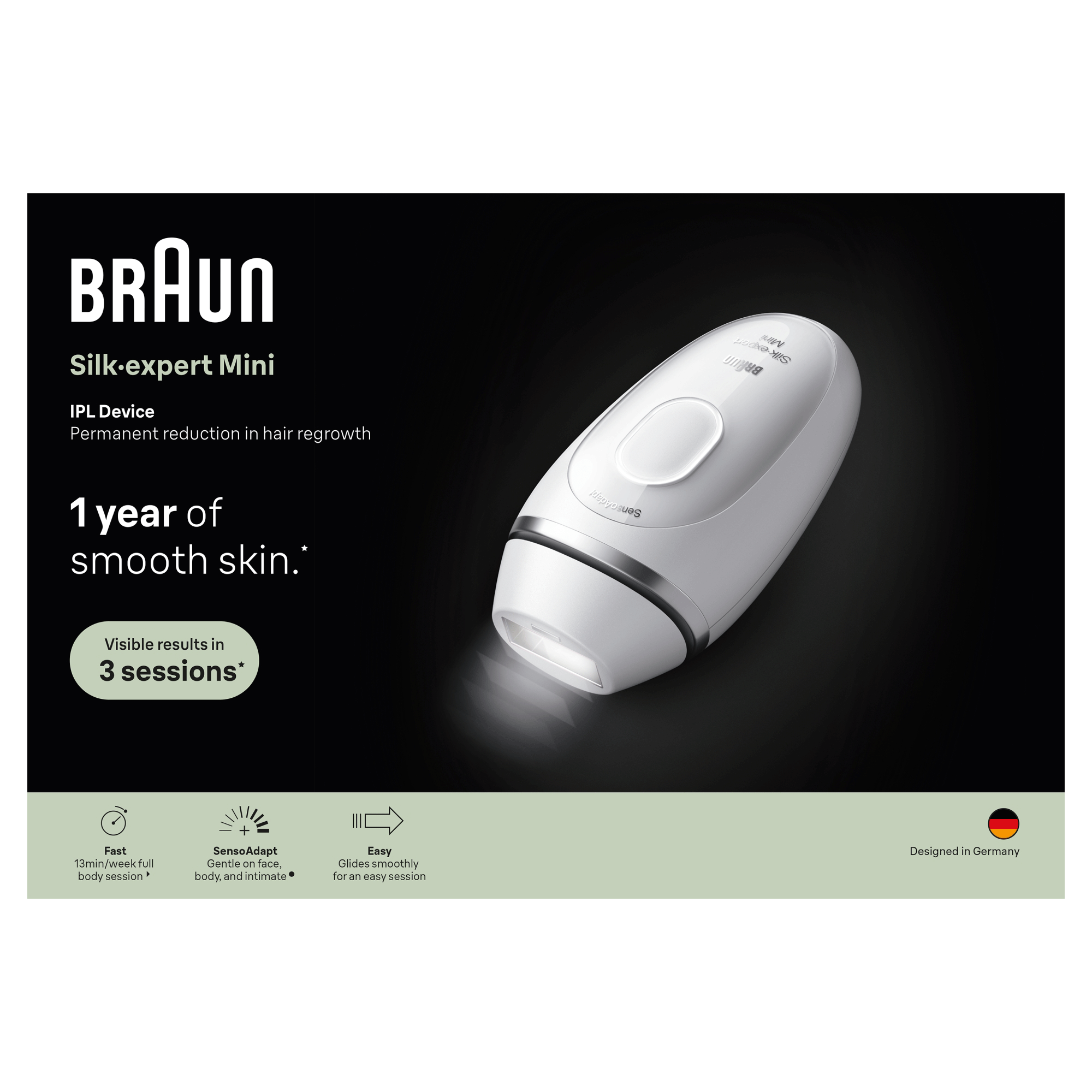 Braun Silk-expert Mini IPL készülék fekete háttérrel, termékjellemzőkkel és német zászlóval.